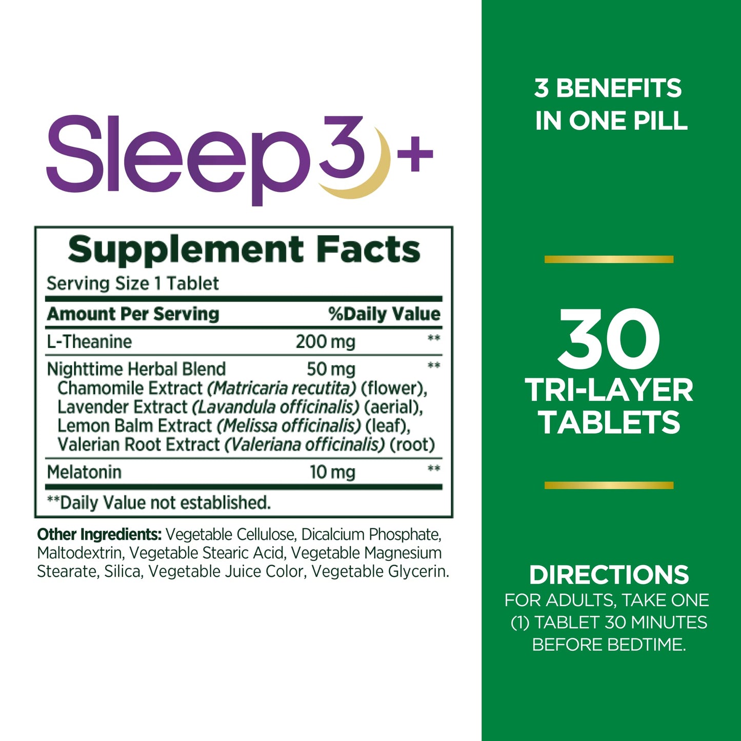 Nature's Bounty Melatonin, Sleep3 Maximum Strength 100% Drug Free Sleep Aid, L-Theanine & Nighttime Herbal Blend Time Release Technology, 10mg, 30 Tri-Layered Tablets