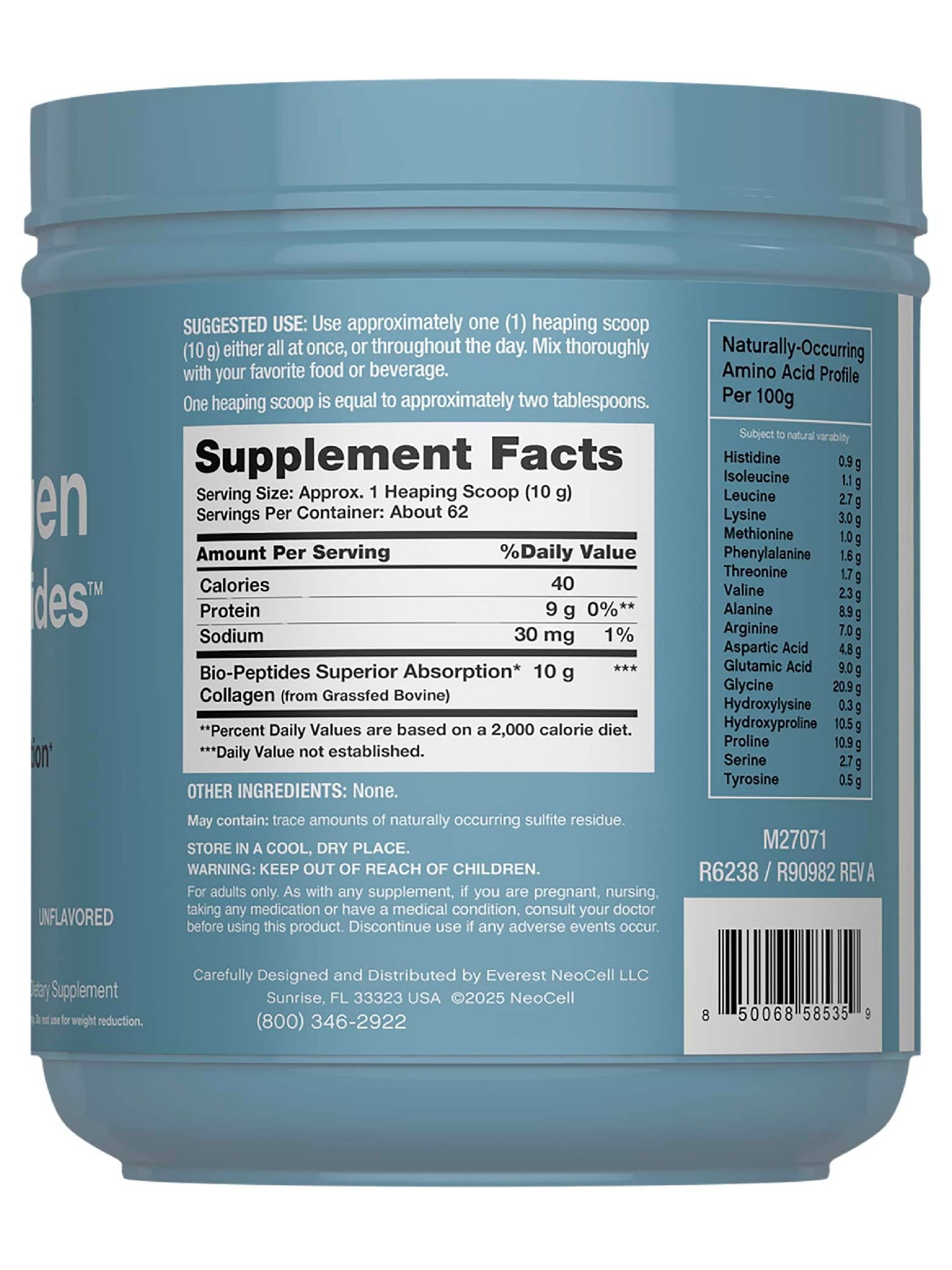 NeoCell Collagen Bio-Peptides Powder | 22oz | Super Hair, Skin, and Nails | Superior Absorption | Grassfed Protein Supplement | Advanced with 18 Essential Amino Acids |