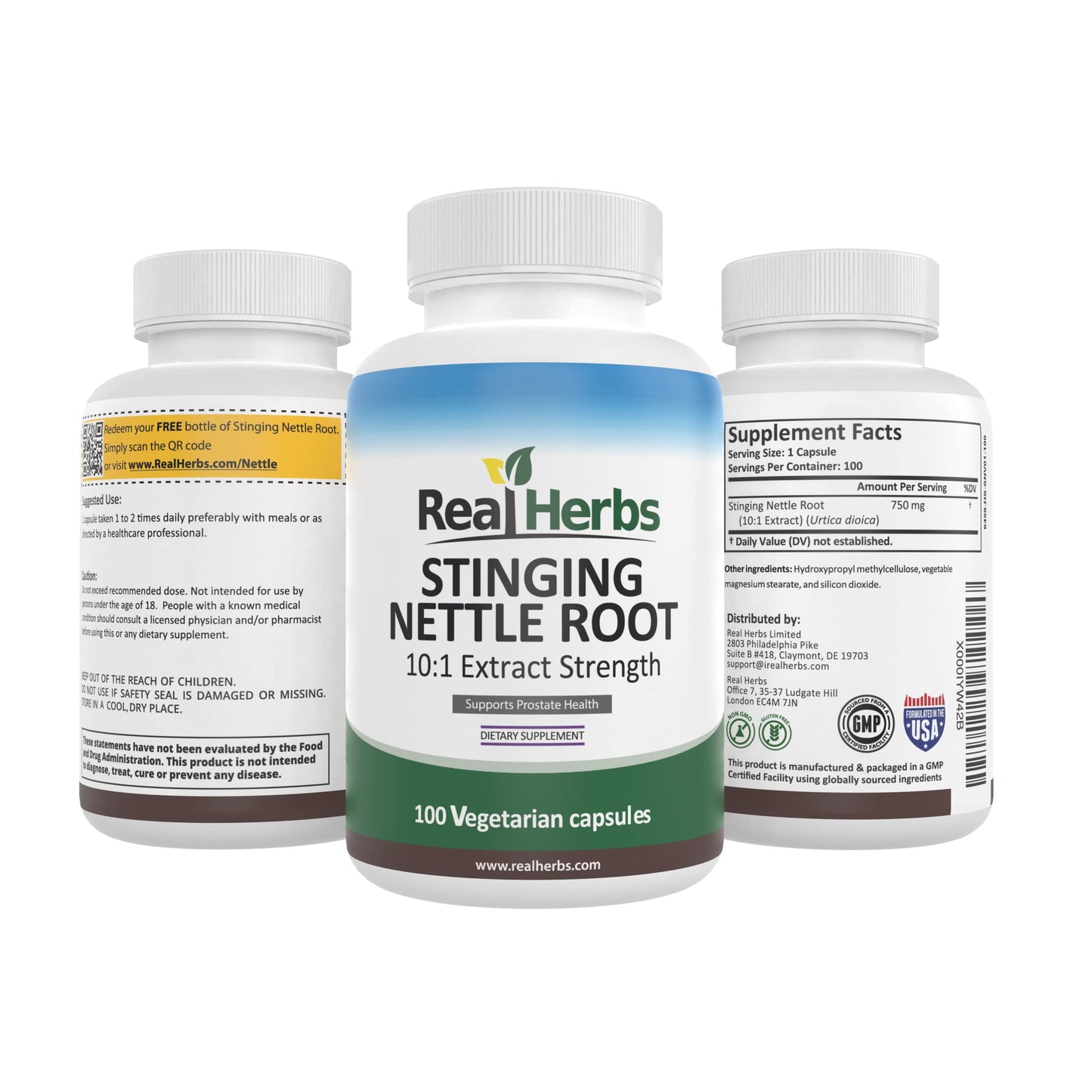 Real Herbs Stinging Nettle Root Extract 7500mg (750mg of 10:1 Extract) – Vegetarian Friendly, Non-GMO, Gluten-Free – Supports Prostate & Urinary Health – 100 Capsules