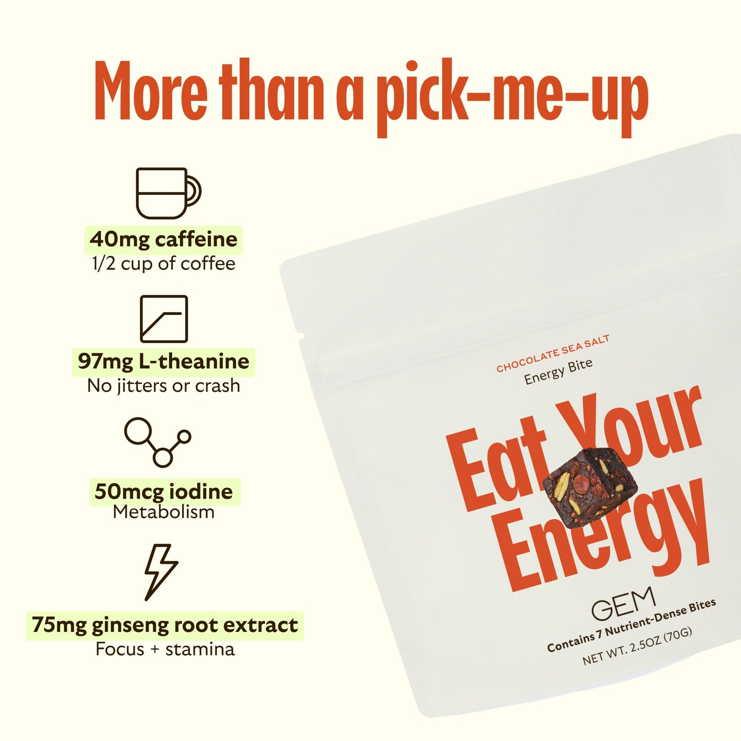 GEM Energy Aid Caffeinated Bite | Holistic Sustained Energy | Supports Metabolism & Endurance | 40mg Caffeine, Ginseng Root, L-Theanine | Chocolate Cacao Sea Salt | 7 Servings