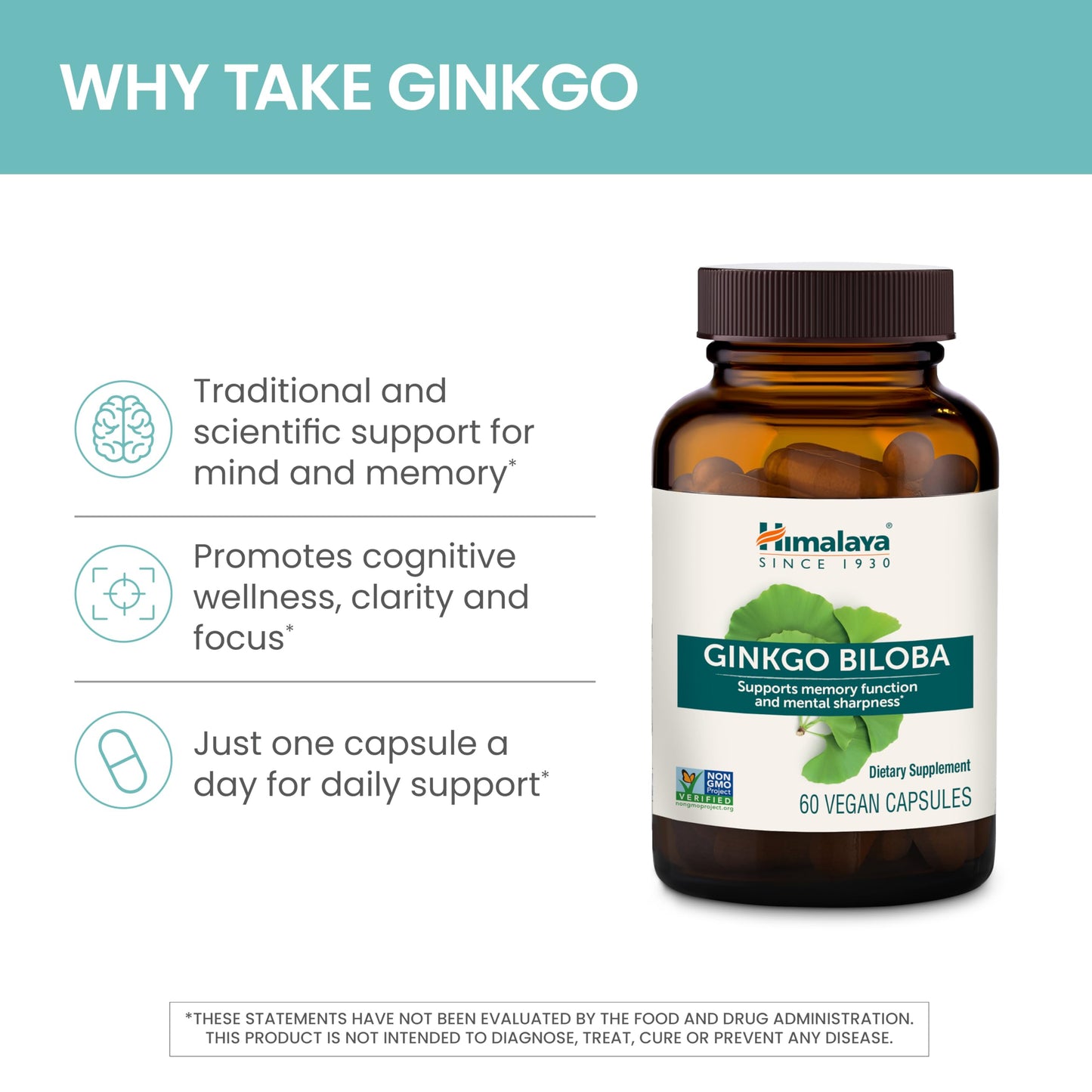 Himalaya Ginkgo Biloba, Herbal Supplement for Memory & Mental Sharpness, Vegan, Gluten Free, 120 mg Ginkgo Leaf Extract, 60 Capsules