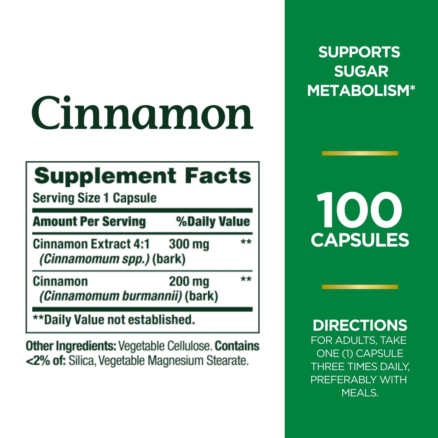 Nature's Bounty Cinnamon Capsules, Herbal Supplement, Supports Sugar Metabolism, 1500mg, 100 Capsules