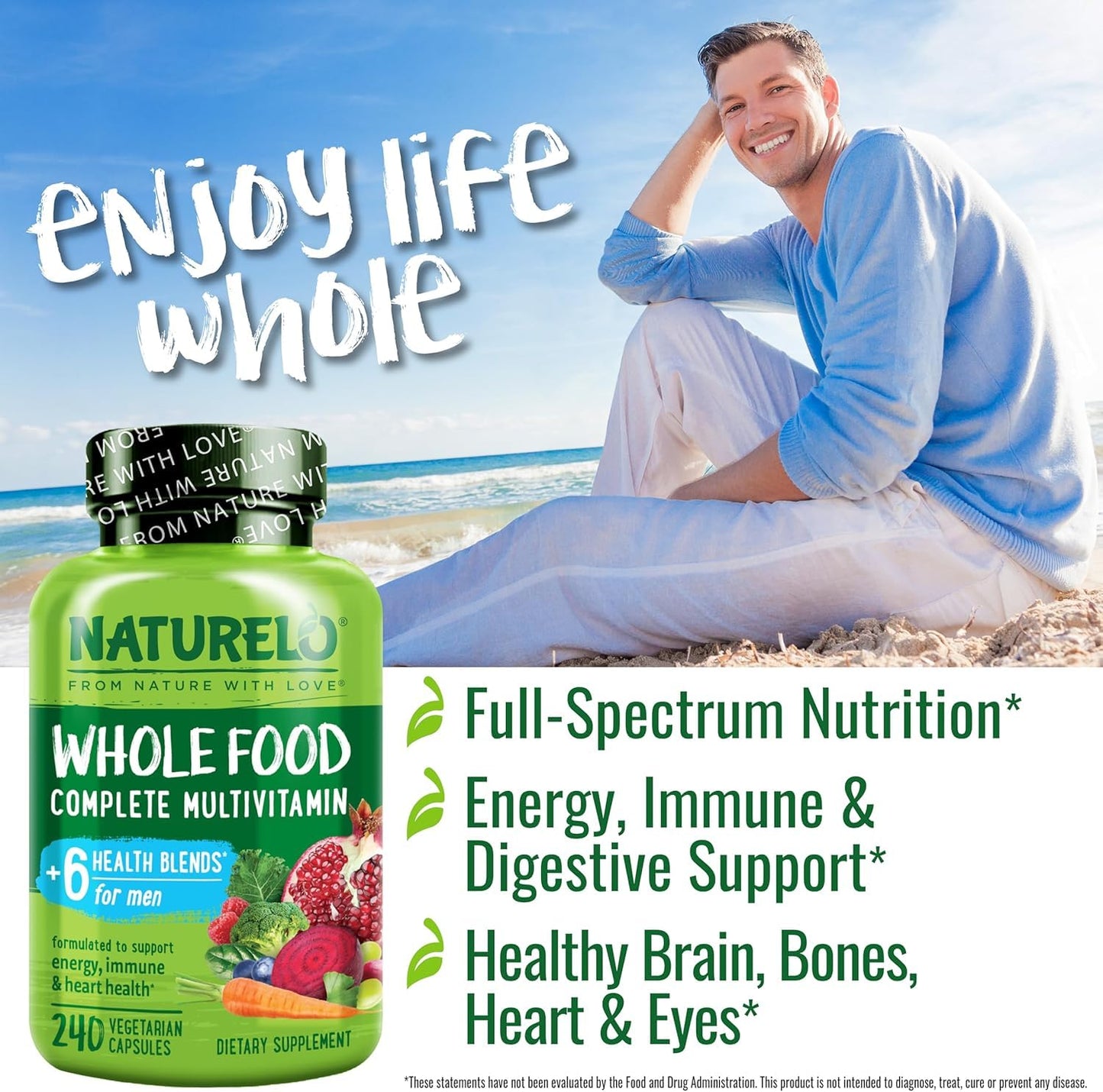 NATURELO Mens Multivitamins - Whole Food Multivitamin for Men with Vitamins, Minerals - 240 Vegetarian Capsules for Energy, Brain, Heart, Eye Health*
