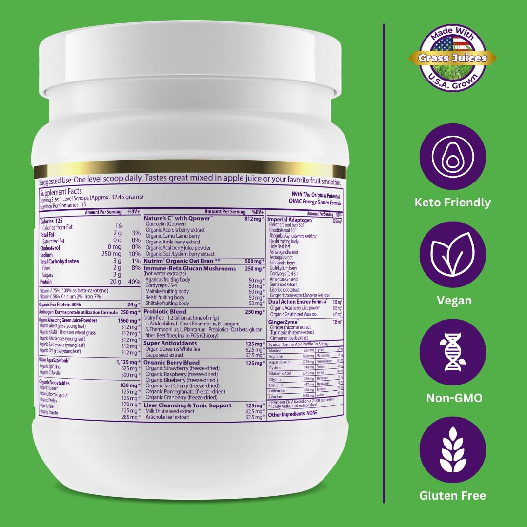 Paradise Herbs ORAC Energy Protein & Greens Powder, Antioxidant Power of 24 Servings of Fruits & Vegetables in 1 Scoop + 20g Protein, Unflavored, 15 Servings