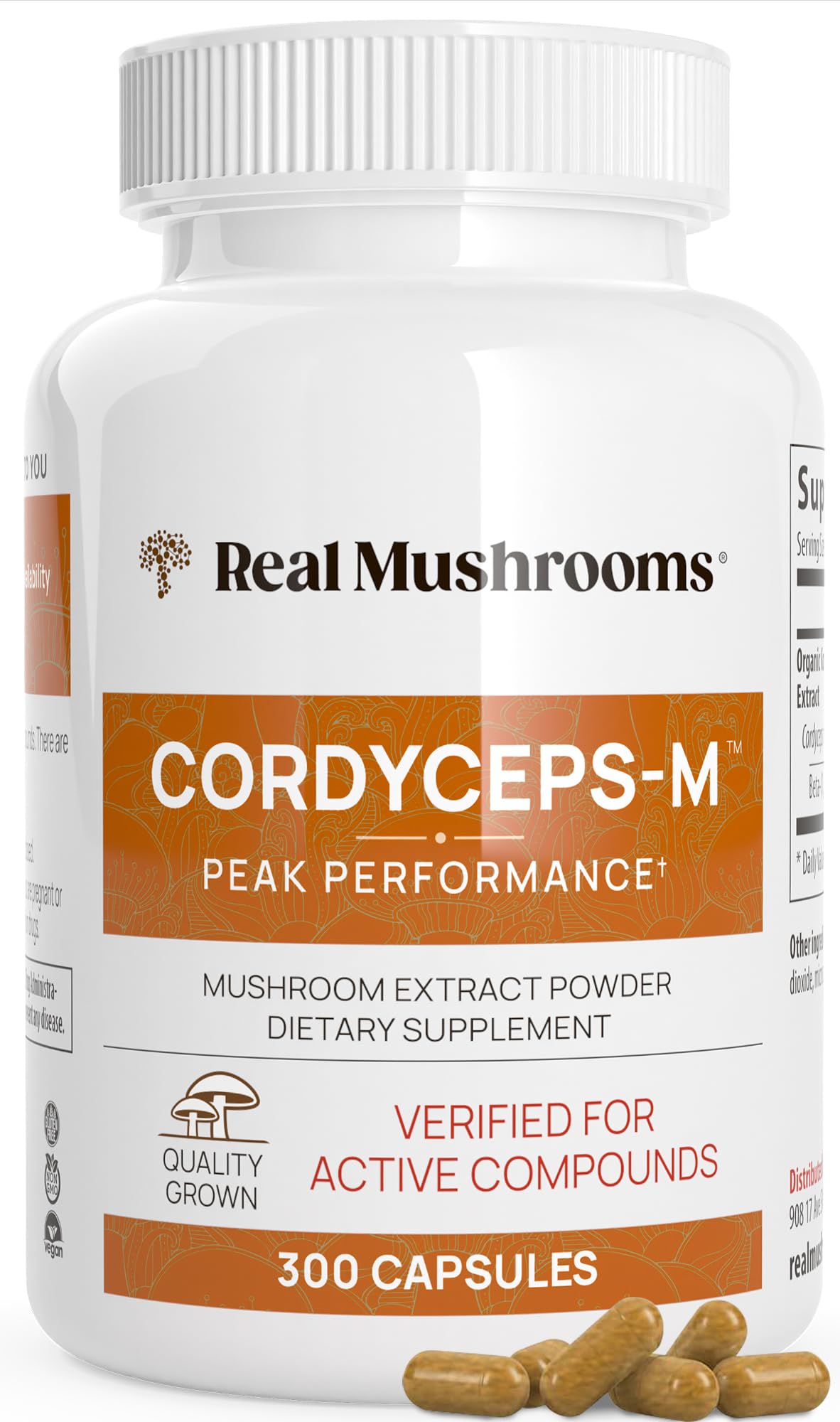 Real Mushrooms Capsules Supplements - Organic Cordyceps Mushroom Powder in Capsules – for Daily Wellness Support – Rich in Beta Glucans - Vegan, Non-GMO, 300 ct Organic Militaris Extract