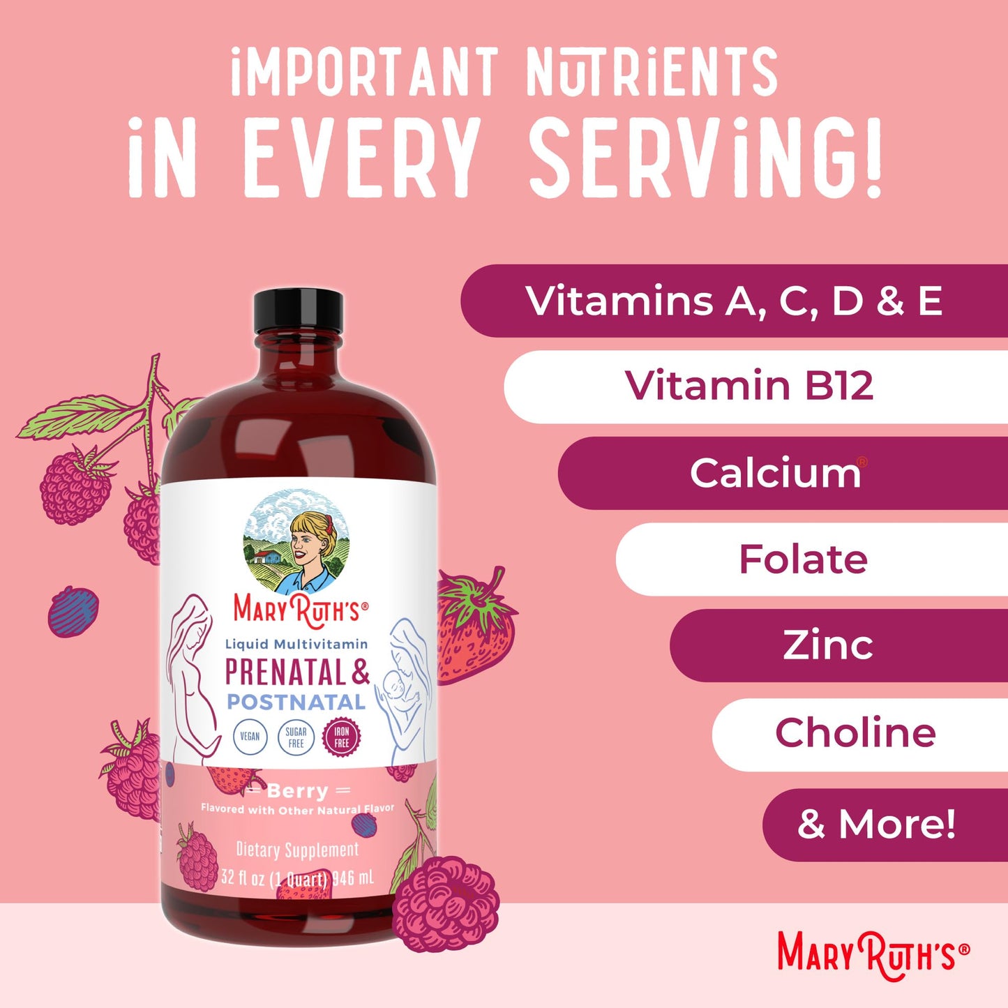 MaryRuth Organics Postnatal & Prenatal Vitamins for Women | Sugar Free | Womens Multivitamin for Pre-Conception, Pregnancy & Nursing | Ginger | Selenium | Folate | Vegan | Non-GMO | Gluten Free | 32oz