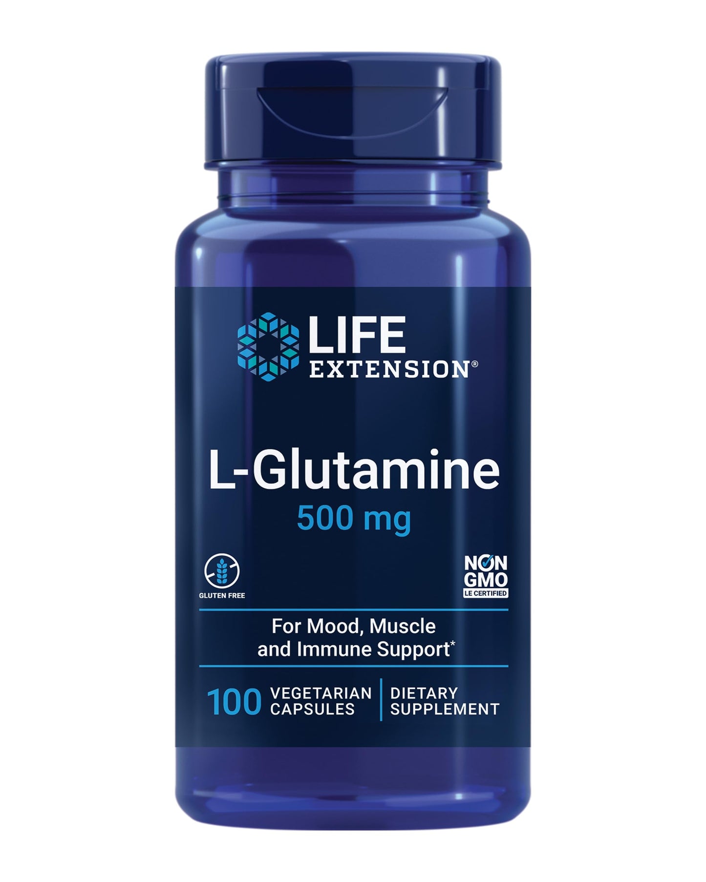 Life Extension L-Glutamine, 500 mg L-glutamine, Amino Acid, Supports Muscle Health and Immune Health, Gluten-Free, Non-GMO, 100 Vegetarian Capsules