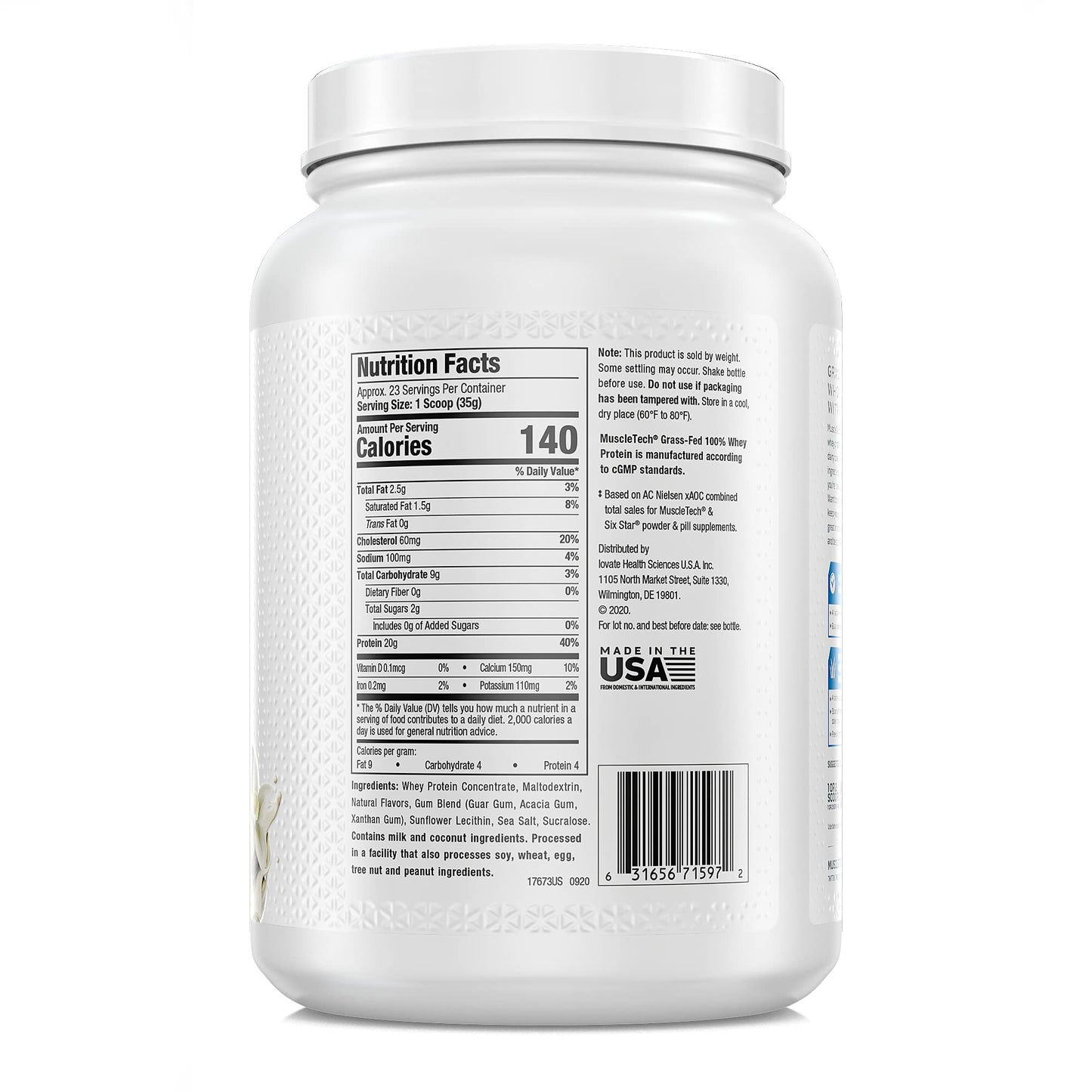 MuscleTech Grass Fed Whey Protein Grass Fed Whey Protein Powder Protein Powder for Muscle Gain Growth Hormone Free, Non-GMO, Gluten Free 20g Protein + 4.3g BCAA Deluxe Vanilla, 1.8 lbs (Pack of 2)