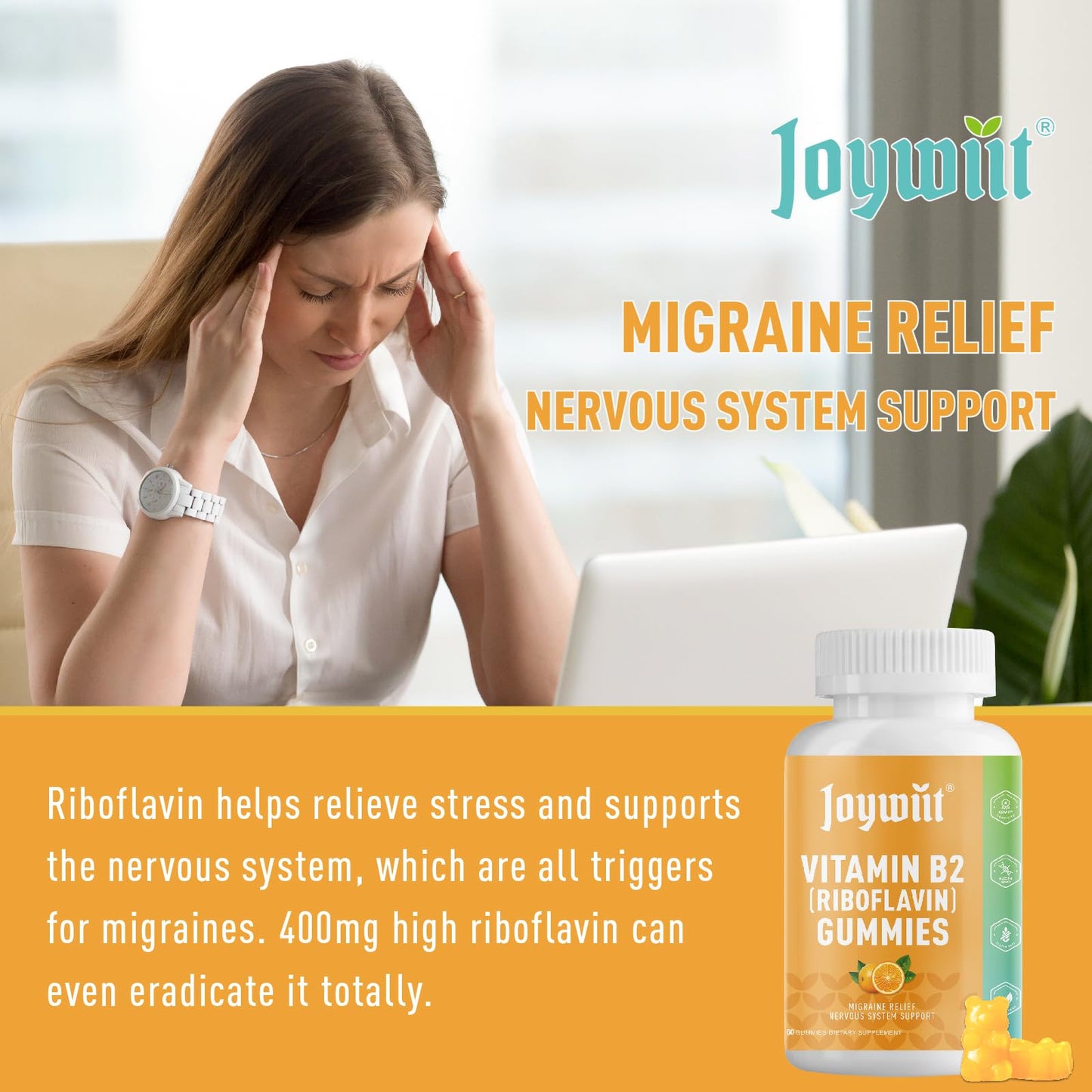 Joywiit Vitamin B2 Gummies | Riboflavin 400mg | B2 Vitamin 400mg Chewable for Adults and Kids, Migraine Relief & Energy and Nervous System Support, Non GMO, Vegan - 60 Counts