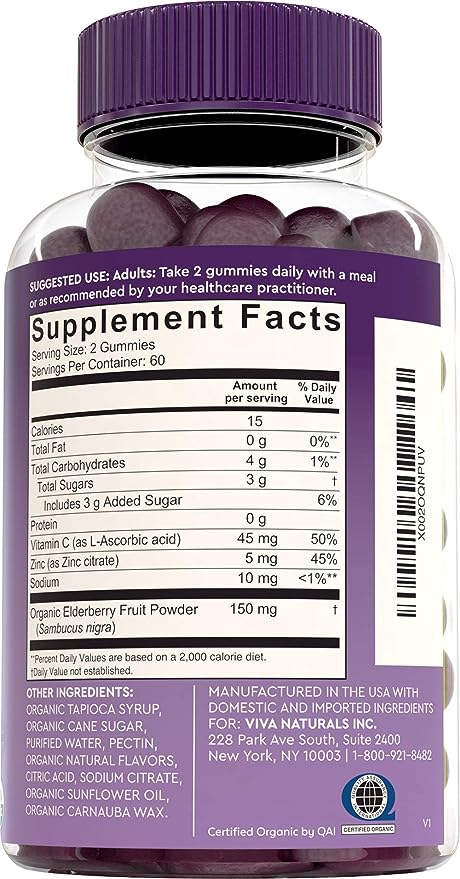 Organic Elderberry Gummies with Zinc and Vitamin C (120 Count) - Two-Month Supply, Certified USDA Organic 3-in-1 Chewable Sambucus Elderberry Gummies, Immune Support Supplement