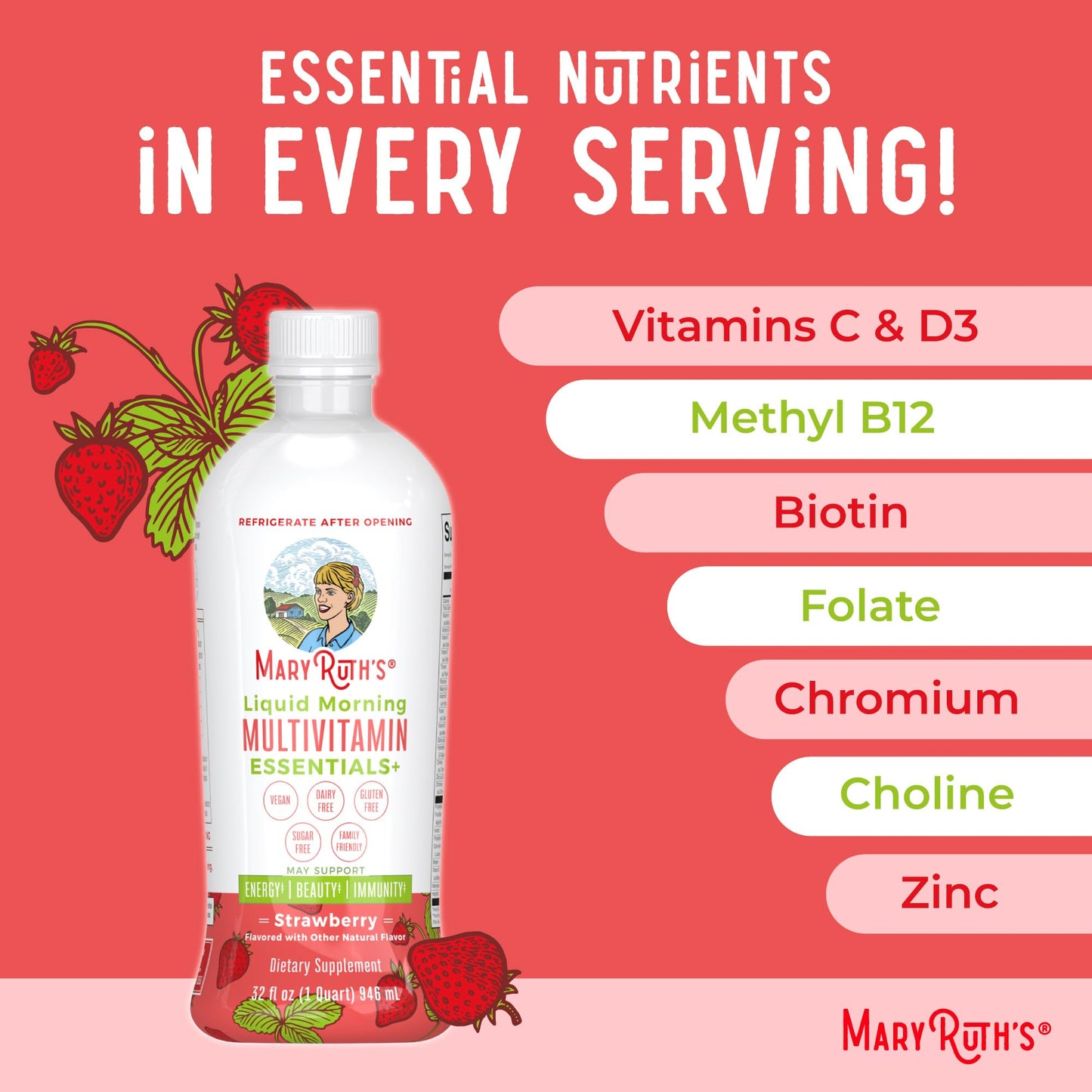 MaryRuth's Liquid Morning Multivitamin Essentials+ | Vitamin A C D E B6 B12 Biotin Zinc | Mens Womens Multivitamin | Immune Support | Beauty | Sugar Free | Vitamins for Ages 1+ | Vegan | 32 Fl Oz