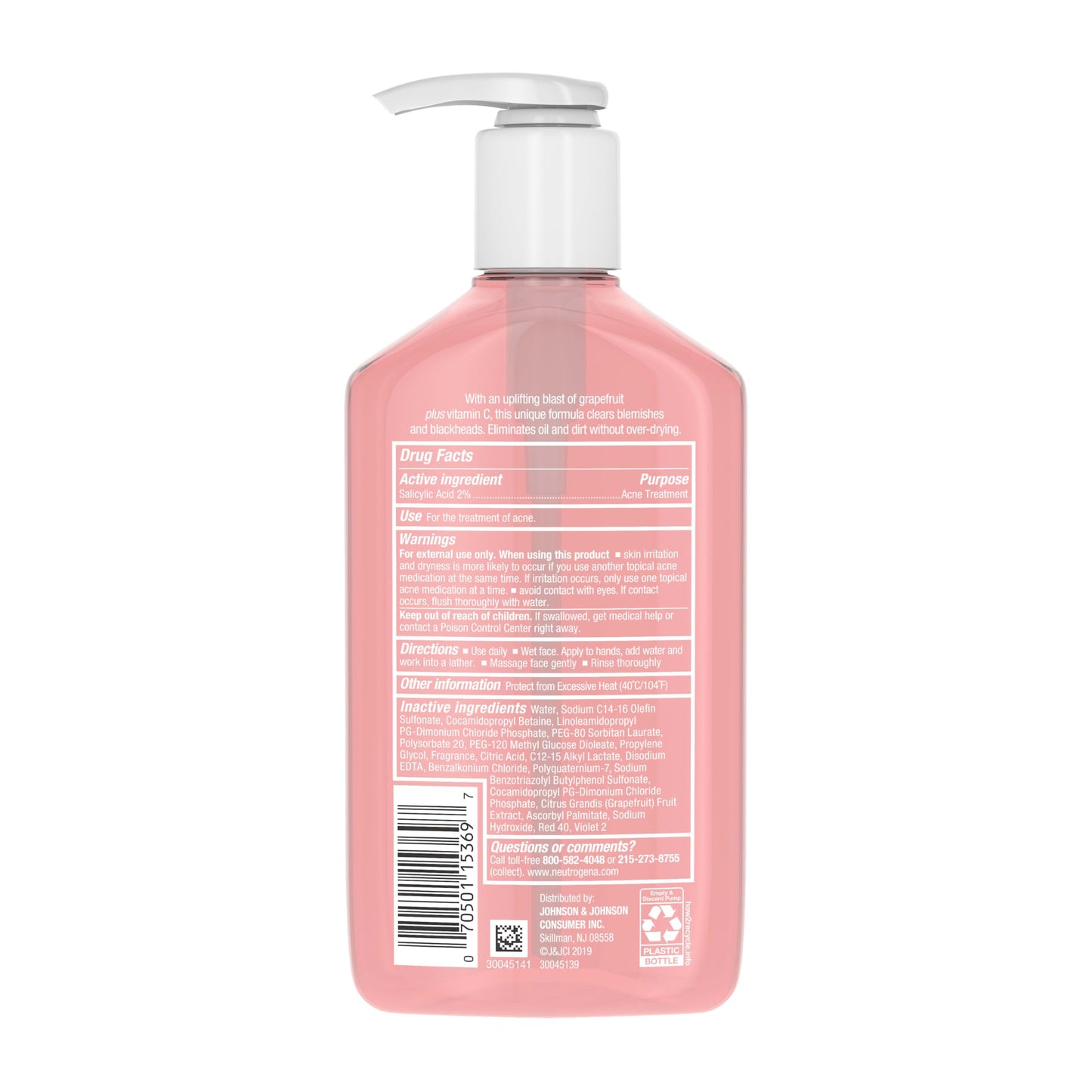 Neutrogena Oil-Free Salicylic Acid Pink Grapefruit Pore Cleansing Acne Wash and Facial Cleanser with Vitamin C, 9.1 fl. oz