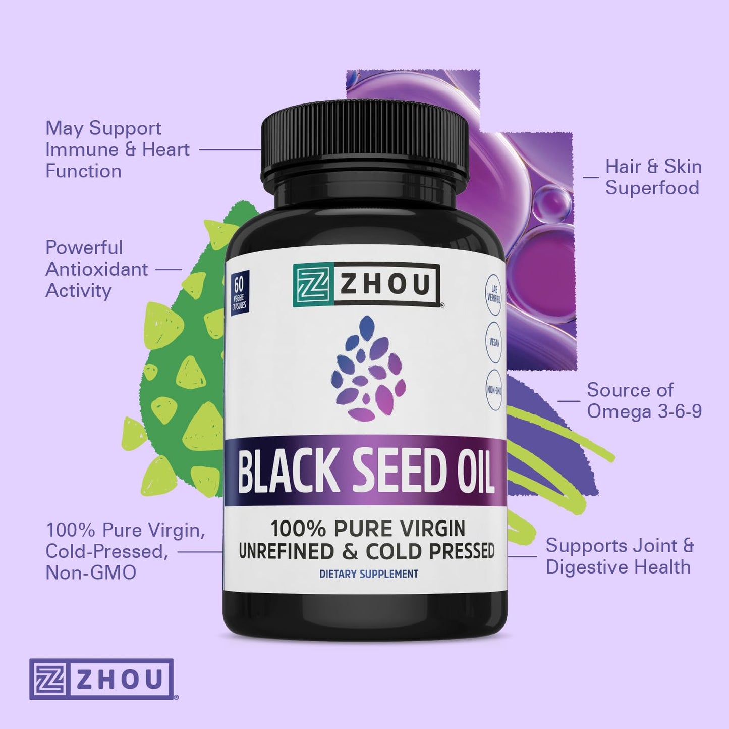 Zhou Black Seed Oil Capsules - Black Cumin Seed Oil Cold Pressed, Nigella Sativa, Pure Unrefined Blackseed, Premium Supplement for Health, Hair & Skin w/ Thymoquinone - 60 Capsules (Pack of 1)