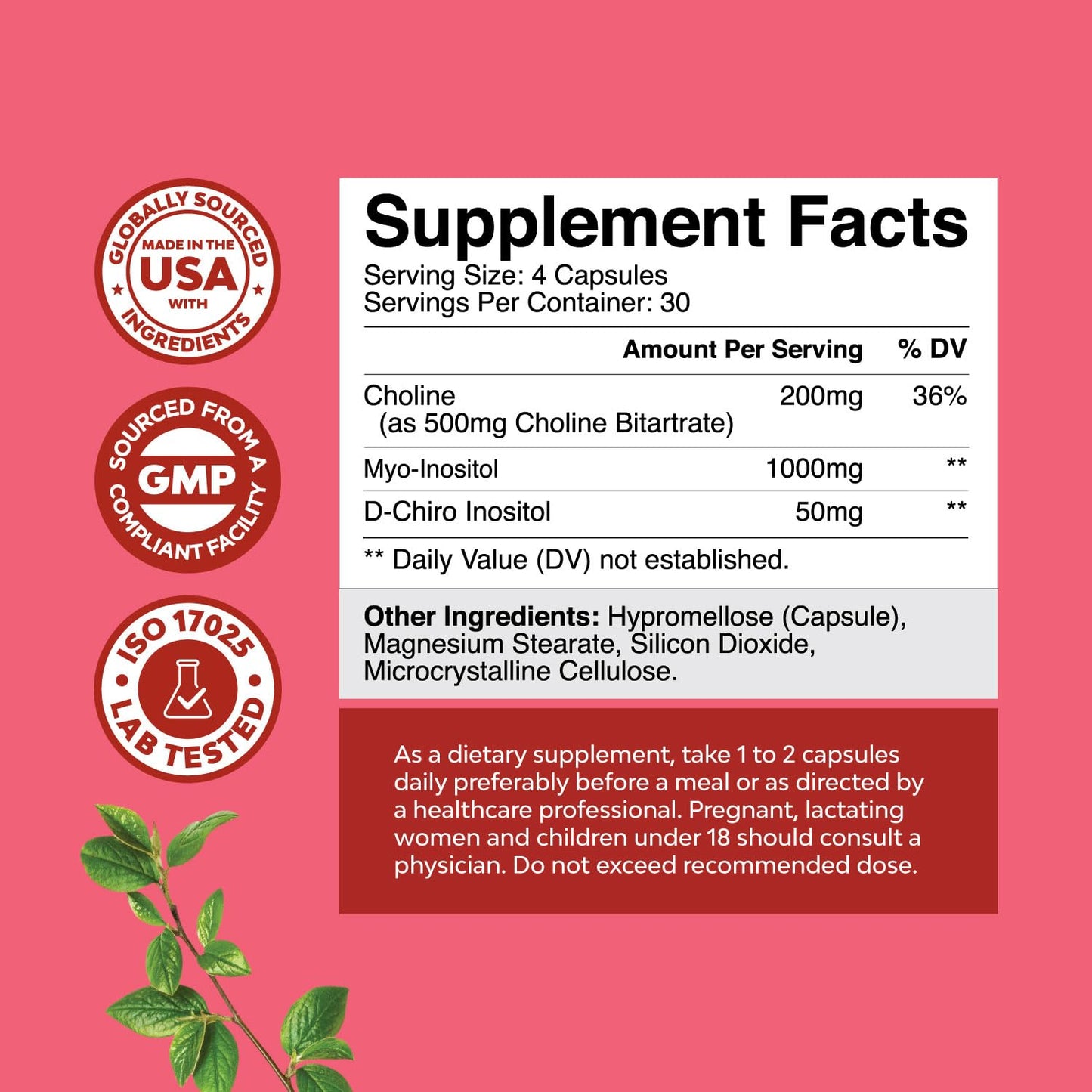 Myo-Inositol & D-Chiro Inositol Capsules - Choline Inositol Supplement for Cycle and Fertility Support - Womens Hormone Balance Supplement with Myo & D-Chiro Inositol Plus Choline Bitartrate