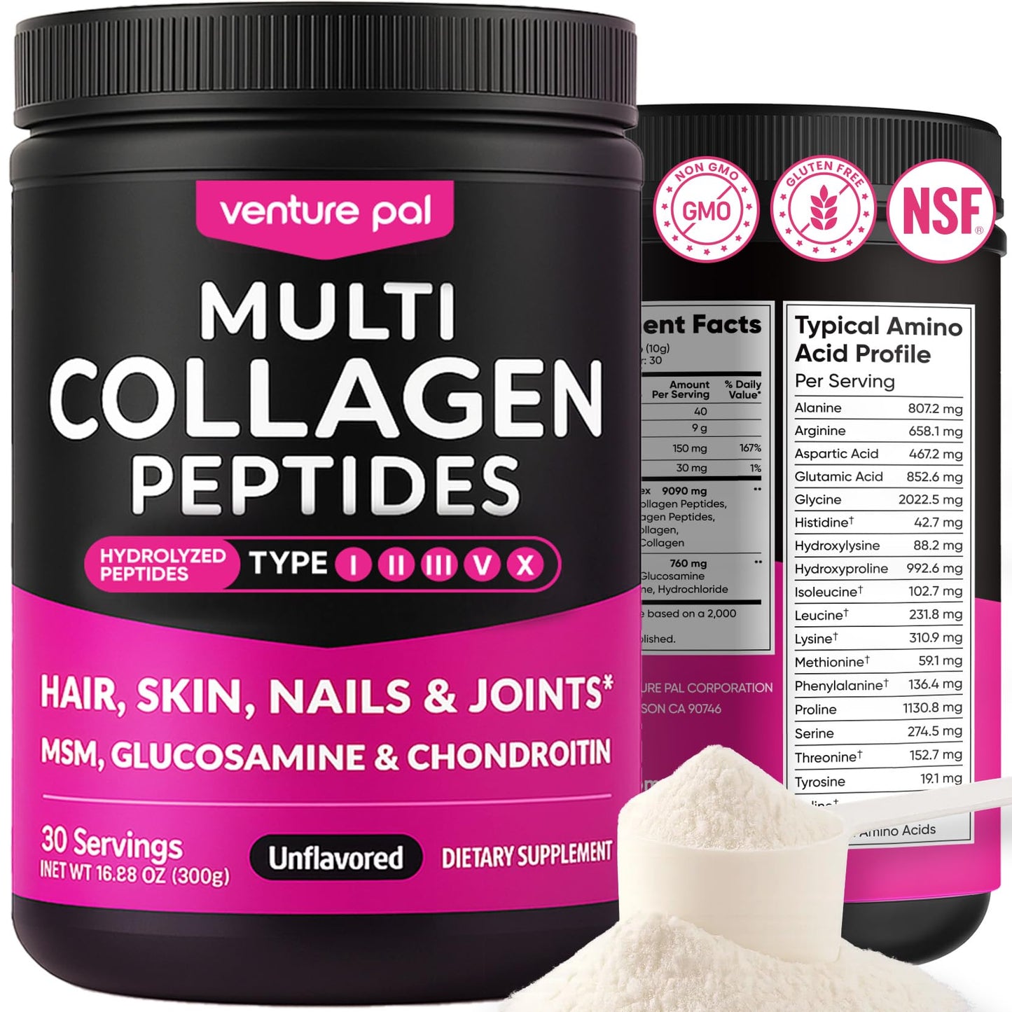 Venture Pal Multi Collagen Protein Powder - Hydrolyzed Collagen Peptides Type I, II, III, V, X + MSM, Vitamin C | Unflavored Collagen Supplement | Hair, Skin, Nail & Joint Support | Grass Fed, Non-GMO