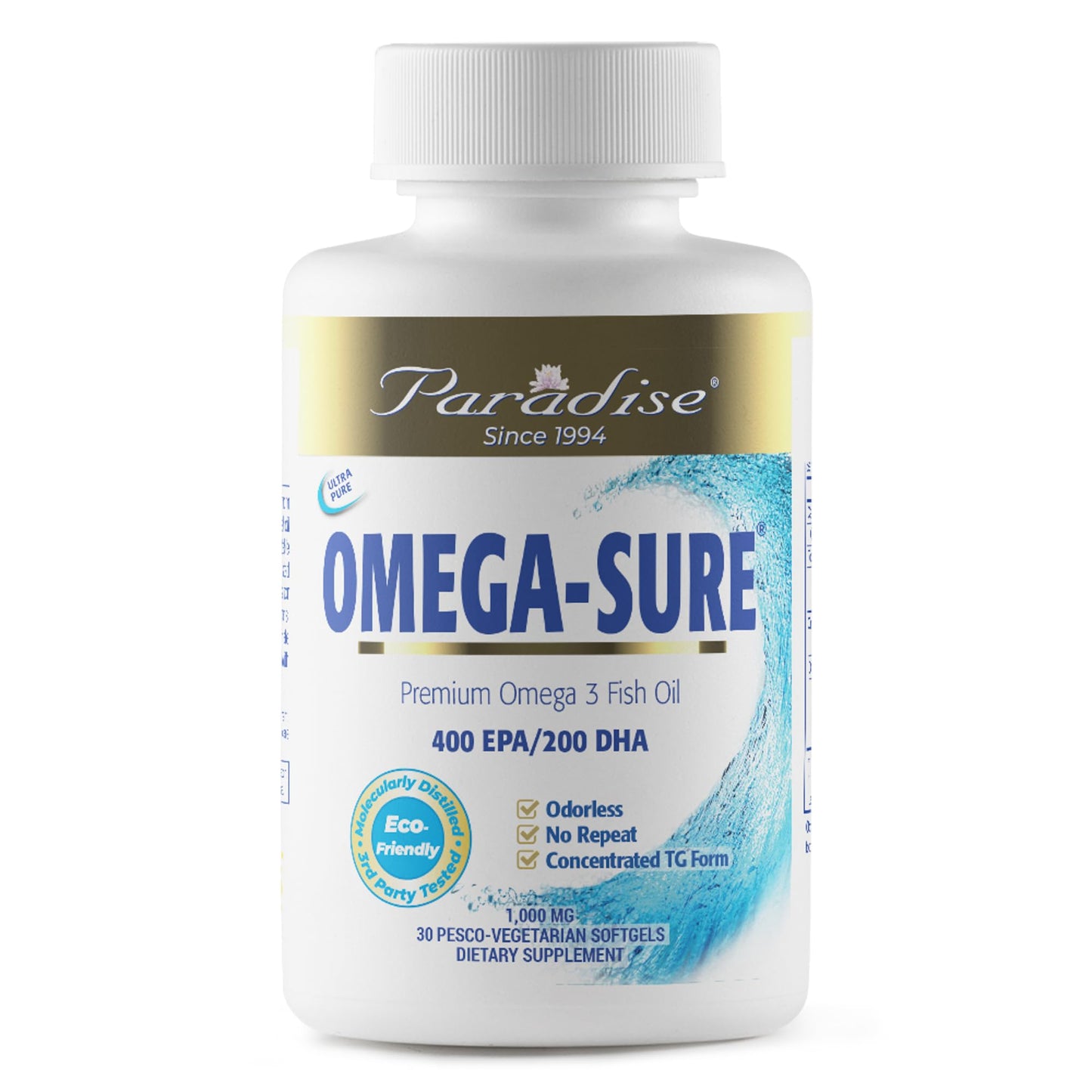 Paradise Herbs Omega-Sure, Omega-3 Concentrate, Premium Fish Oil, DHA, EPA, Vegan, Non GMO, Gluten Free, 30 Count Vegetarian Softgels