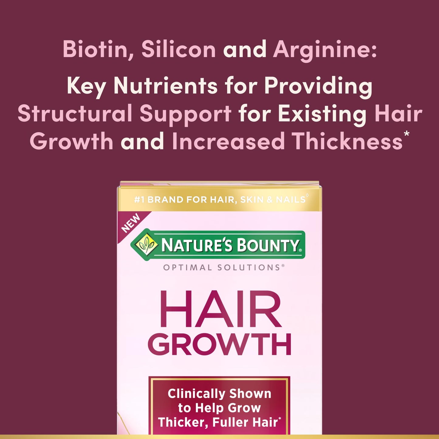 Nature's Bounty Optimal Solutions Hair Growth Supplement, Clinically Shown to Support Thicker, Fuller Hair, With Biotin, Silicon & Arginine, 30 Capsules, One-Month Supply