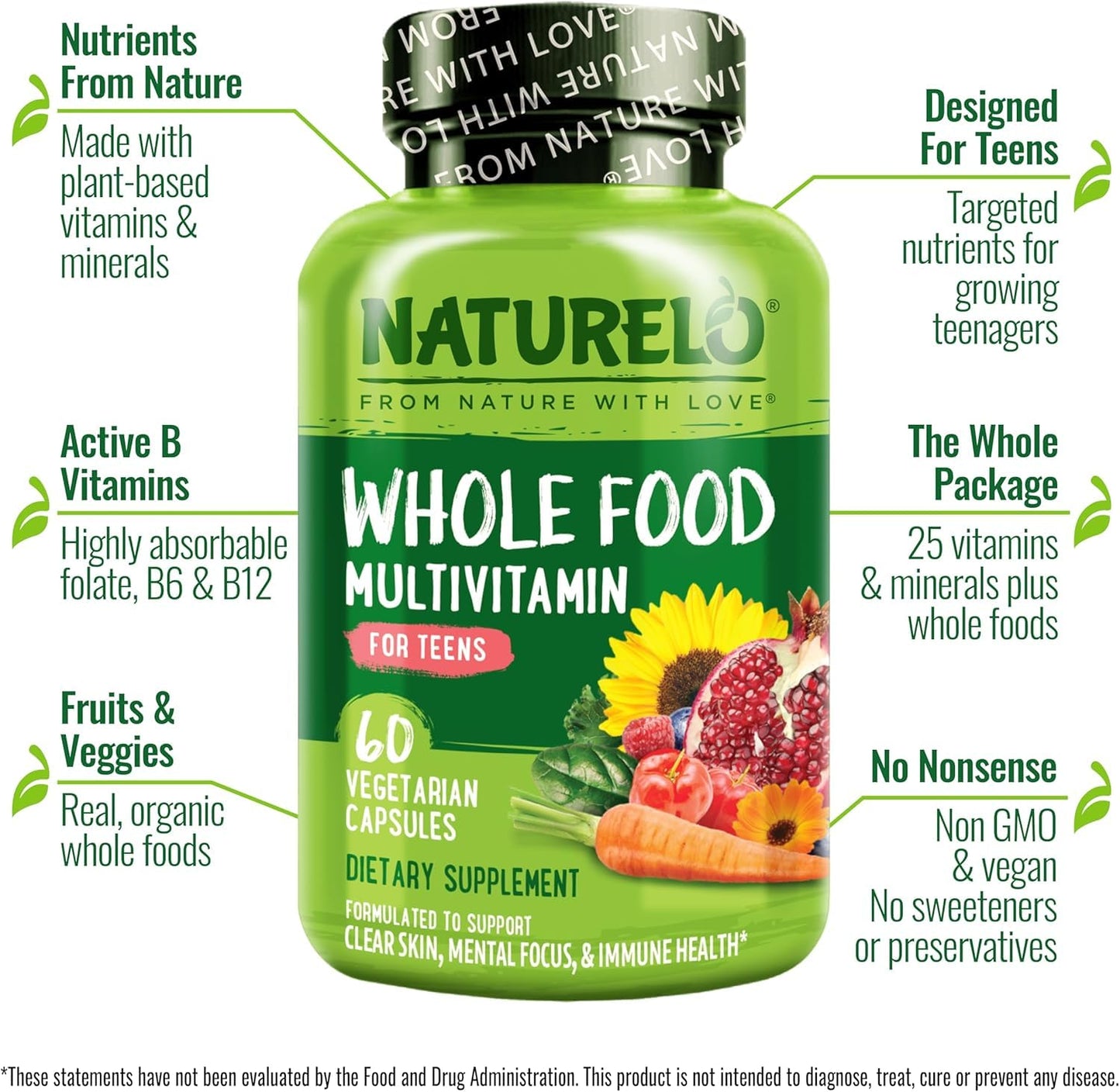 NATURELO Teen Multivitamin - Whole Food Multivitamin - with Minerals for Teenage Boys & Girls - Supplement for Active Kids - Non-GMO - Vegan & Vegetarian - 60 Capsules