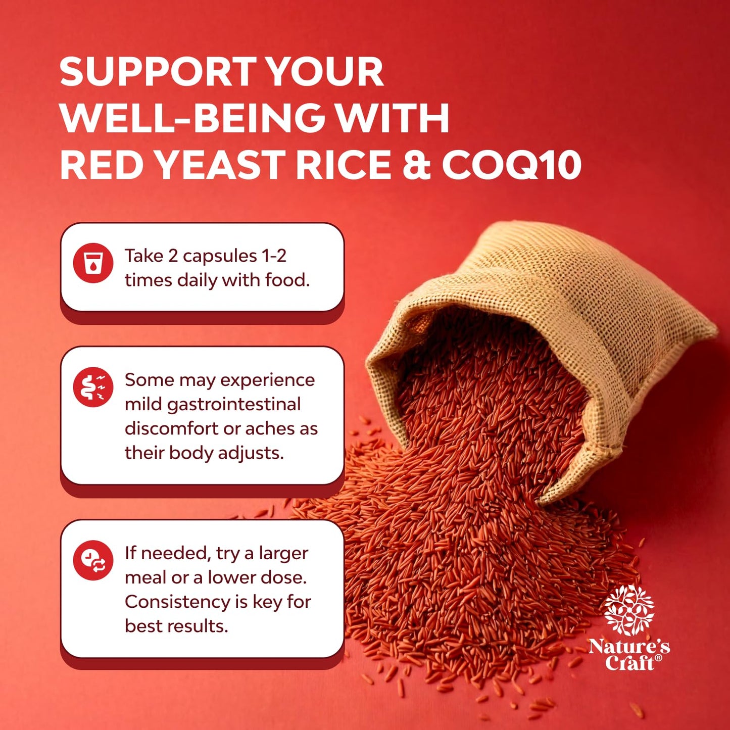 Natures Craft Red Yeast Rice with CoQ10 Supplement - Advanced Healthy Heart Red Rice Yeast for Healthy Cholesterol Levels - Extra Strength Capsule 1200 mg - Vegan & Non-GMO - 120 Count