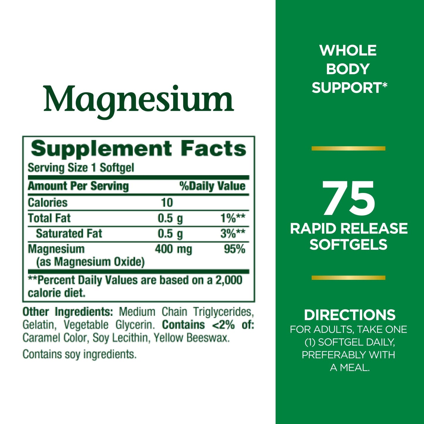 Nature's Bounty Magnesium, Whole Body Support, Supports Heart, Nerve and Bone Health. 400 mg, 75 Softgels