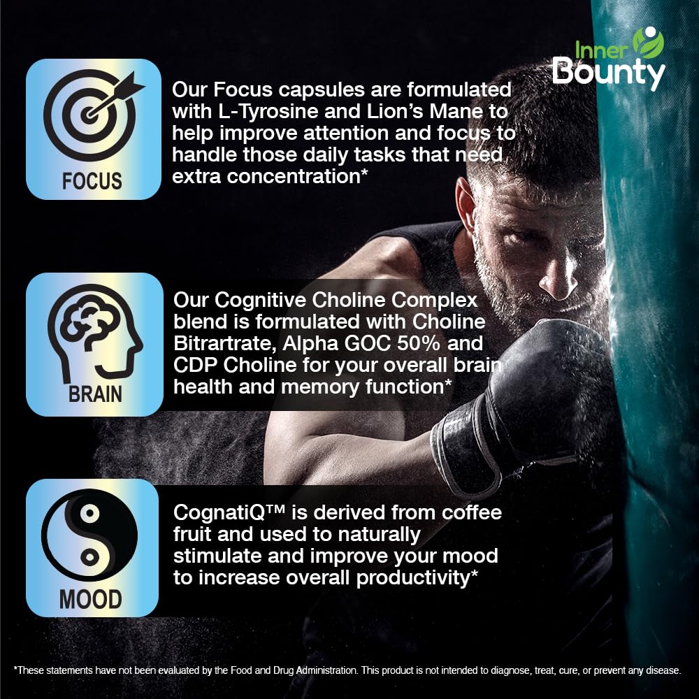 Inner Bounty Focus 14-in-1 Nootropic Brain Supplement with Lions Mane, Alpha GPC Choline, Vitamin C & B12, Taurine, Bacopa - Energy, Cognitive, Memory Support, 60 Filler Free Capsules