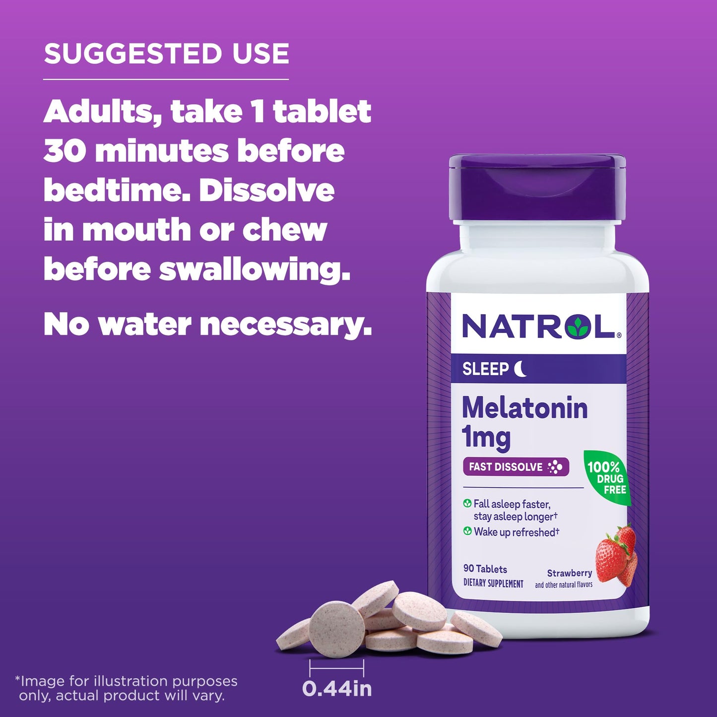 Natrol Fast Dissolve Melatonin 1 mg, Melatonin Supplements for Restful Sleep, Sleep Support for Adults, 90 Strawberry-Flavored Tablets, Up to a 90 Day Supply