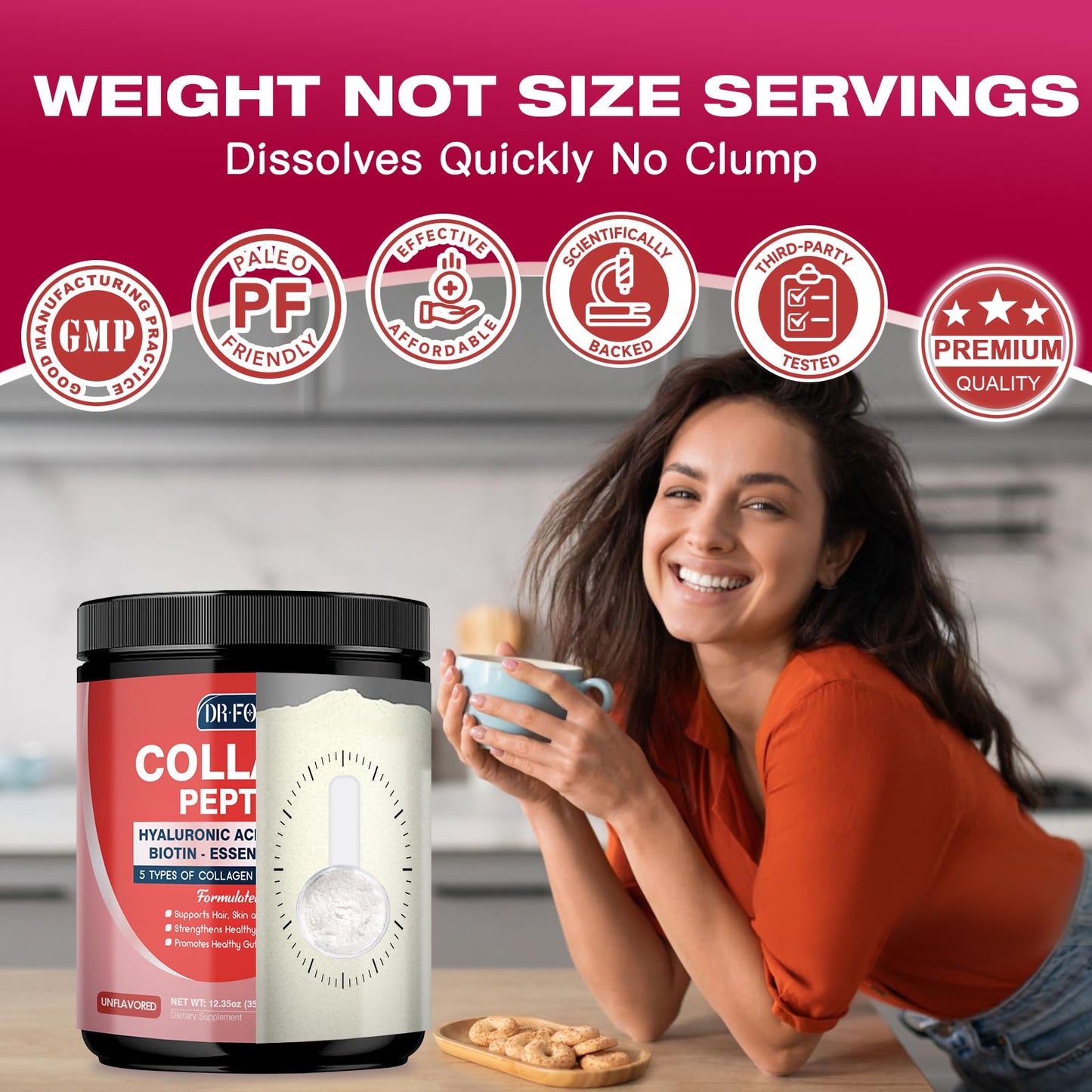 Multi Collagen Peptides Powder with Probiotics - Type I II III V X - Hydrolyzed Collagen Peptides with Multivitamins, Hyaluronic Acid & Biotin - Support Skin Hair Nail Joints & Gut, 35 Servings