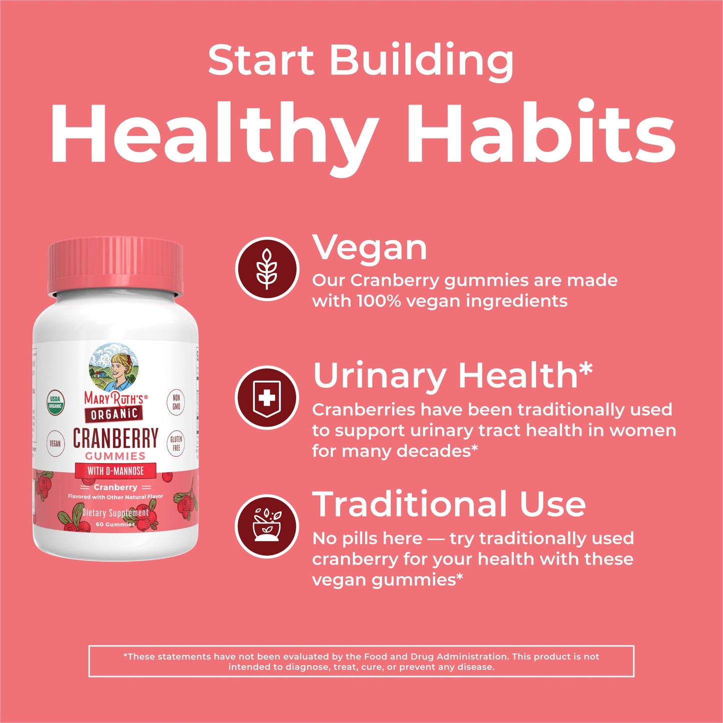 Organic Cranberry Gummies by MaryRuth's | 500mg Cranberry Supplement | Urinary Tract Health for Women | with D Mannose | Traditional Use | USDA Organic | Vegan | Non GMO | 30 Servings