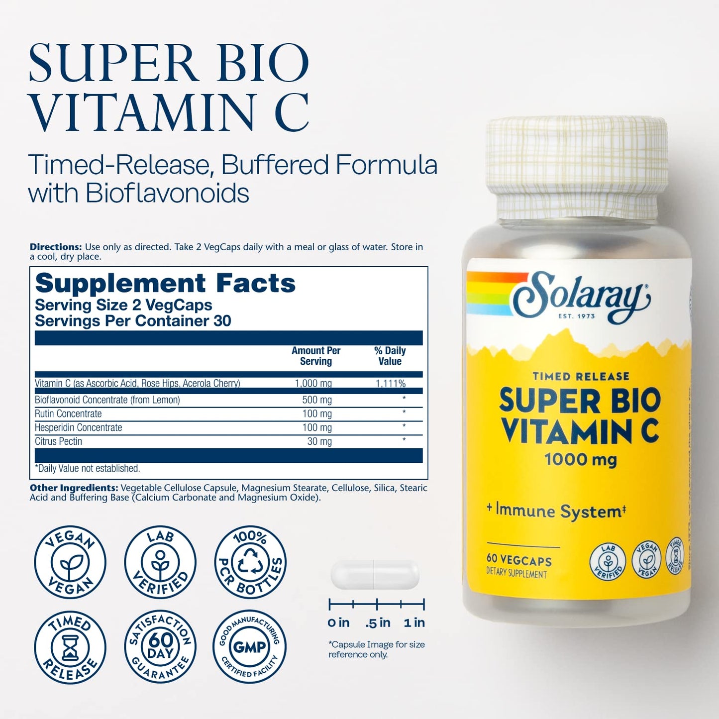 Pre-Order | Arrives in 5–10 Days – SOLARAY Super Bio Buffered Vitamin C 1000mg, Two-Stage, Timed Release Vitamin C with Bioflavonoids, Immune Support Supplement - High Absorption, Vegan, 60 Day Guarantee, 30 Servings, 60 VegCaps