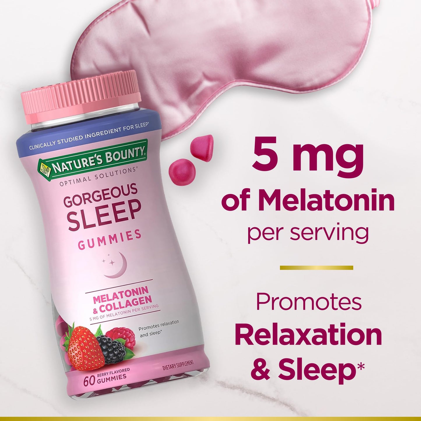 Nature's Bounty Optimal Solutions Gorgeous Sleep Melatonin 5mg Gummies with Collagen, 60 Count, Assorted Fruit Flavors