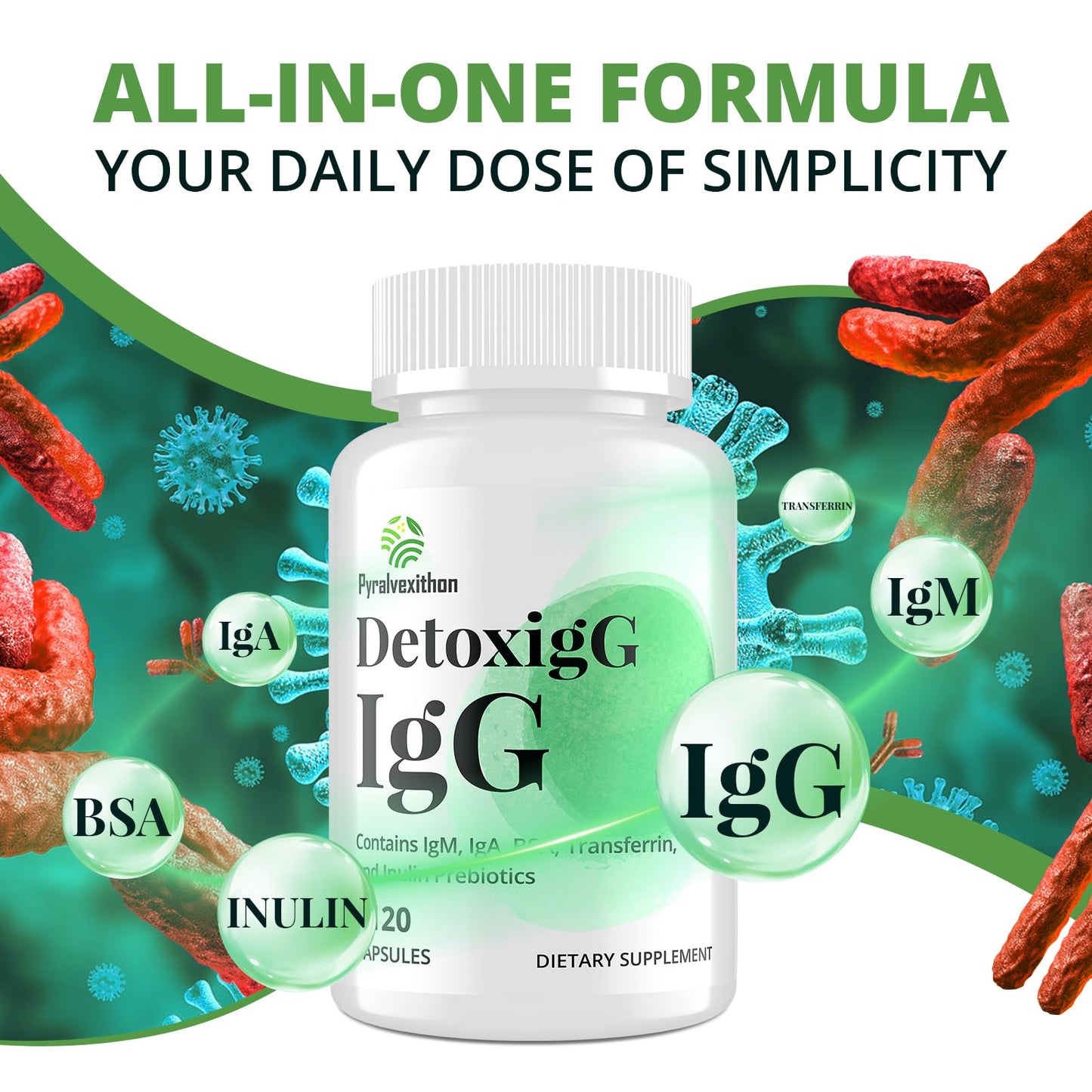 Pyralvexithon IgG Immunoglobulin Supplement - IgG, IgM, IGA & Inulin - Bovine Colostrum Supplement Alternative - Dairy-Free Bovine Immunoglobulin Capsules (120 Capsules)