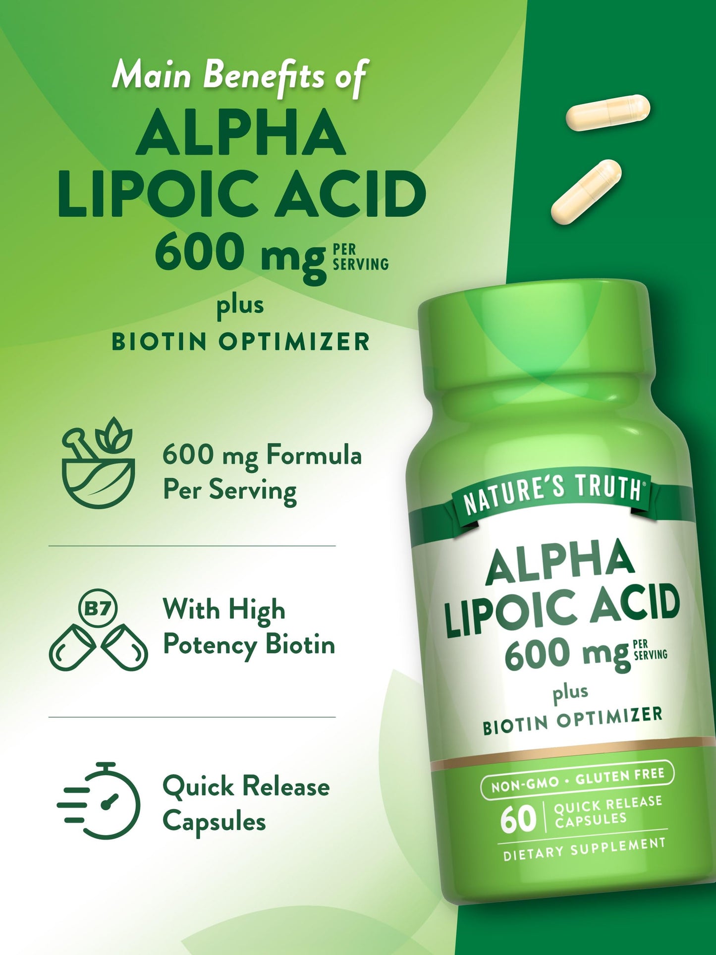 Nature's Truth Alpha Lipoic Acid 600mg | plus Biotin Optimizer | 60 Capsules | Non-GMO & Gluten Free Supplement