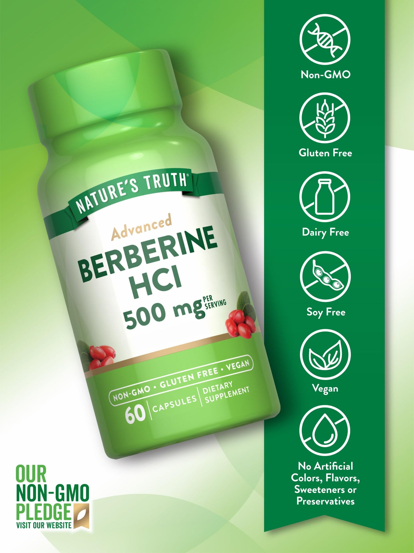 Nature's Truth Berberine HCl 500mg | 60 Capsules | from Barberry Extract | Vegan, Non-GMO, and Gluten Free Supplement