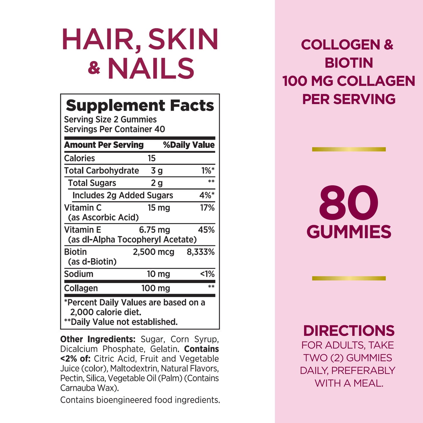 Nature's Bounty Optimal Solutions Hair, Skin & Nails with Biotin and Collagen, Citrus-Flavored Gummies Vitamin Supplement, 2500 mcg, 80 Ct, 40 Total Servings