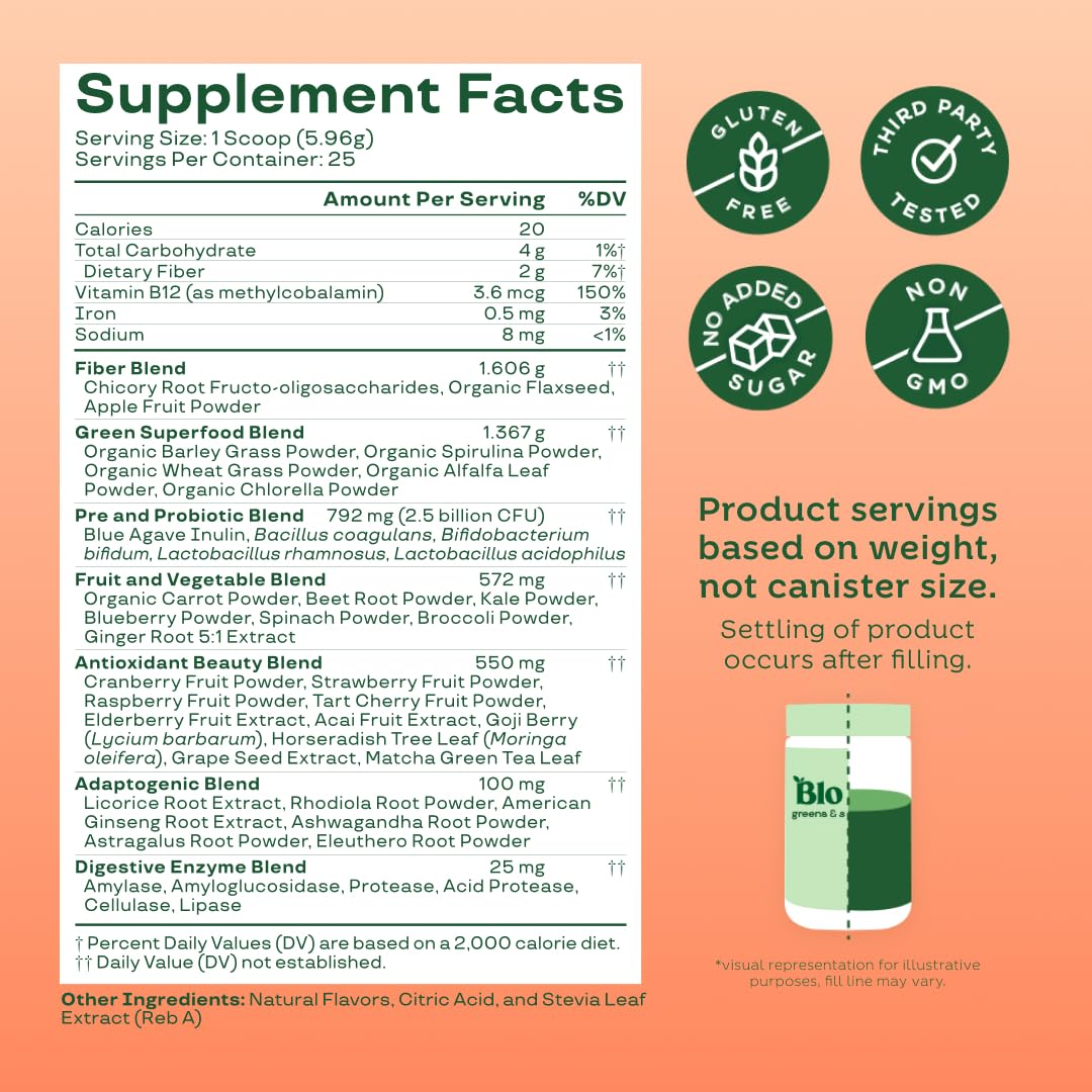 Pre-Order | Arrives in 5–10 Days –
Bloom Nutrition Superfood Greens Powder, Digestive Enzymes with Probiotics and Prebiotics, Gut Health, Bloating Relief for Women, Chlorella, Green Juice Mix with Beet Root Powder, 25 SVG, Peach