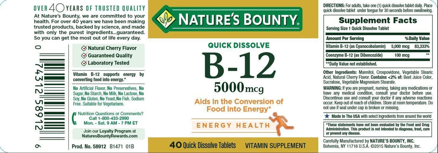 Nature's Bounty Vitamin B12, Supports Energy Metabolism and Nervous System Health, 5000mcg, 40 Quick Dissolve Tablets