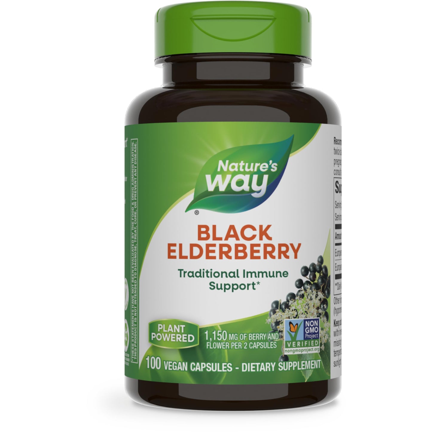 Nature's Way Black Elderberry Supplement, Traditional Immune Support*, With Elderberry and Elderflower, Plant Powered, 100 Capsules (Packaging May Vary)