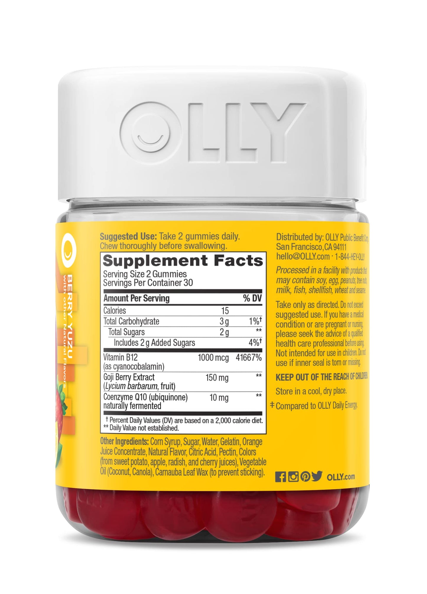 OLLY Extra Strength Daily Energy Gummy, Caffeine Free, 1000mcg Vitamin B12, CoQ10, Goji Berry, Adult Chewable Supplement, Berry Yuzu Flavor - 60 Count