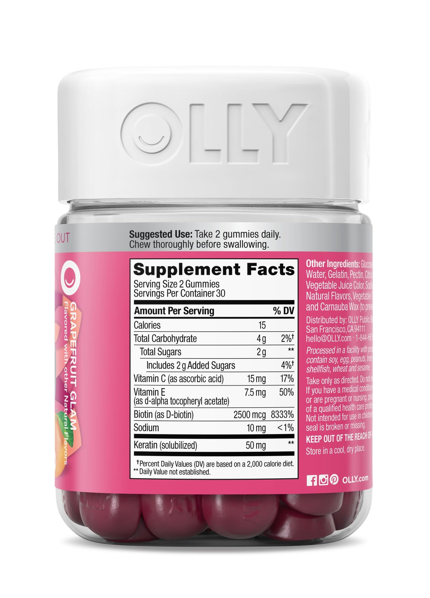 OLLY Undeniable Beauty Gummy, For Hair, Skin, Nails, Biotin, Vitamin C, Keratin, Chewable Supplement, Grapefruit, 30 Day Supply - 60 Count