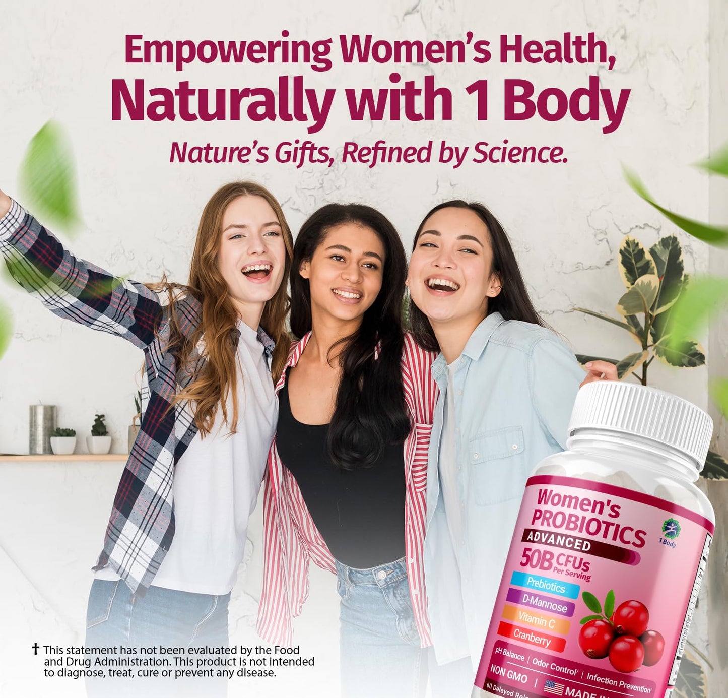 1 Body Women's Probiotic Supplement, 50 Billion CFU, Vaginal and Digestive Health Support, 60 Vegan Capsules