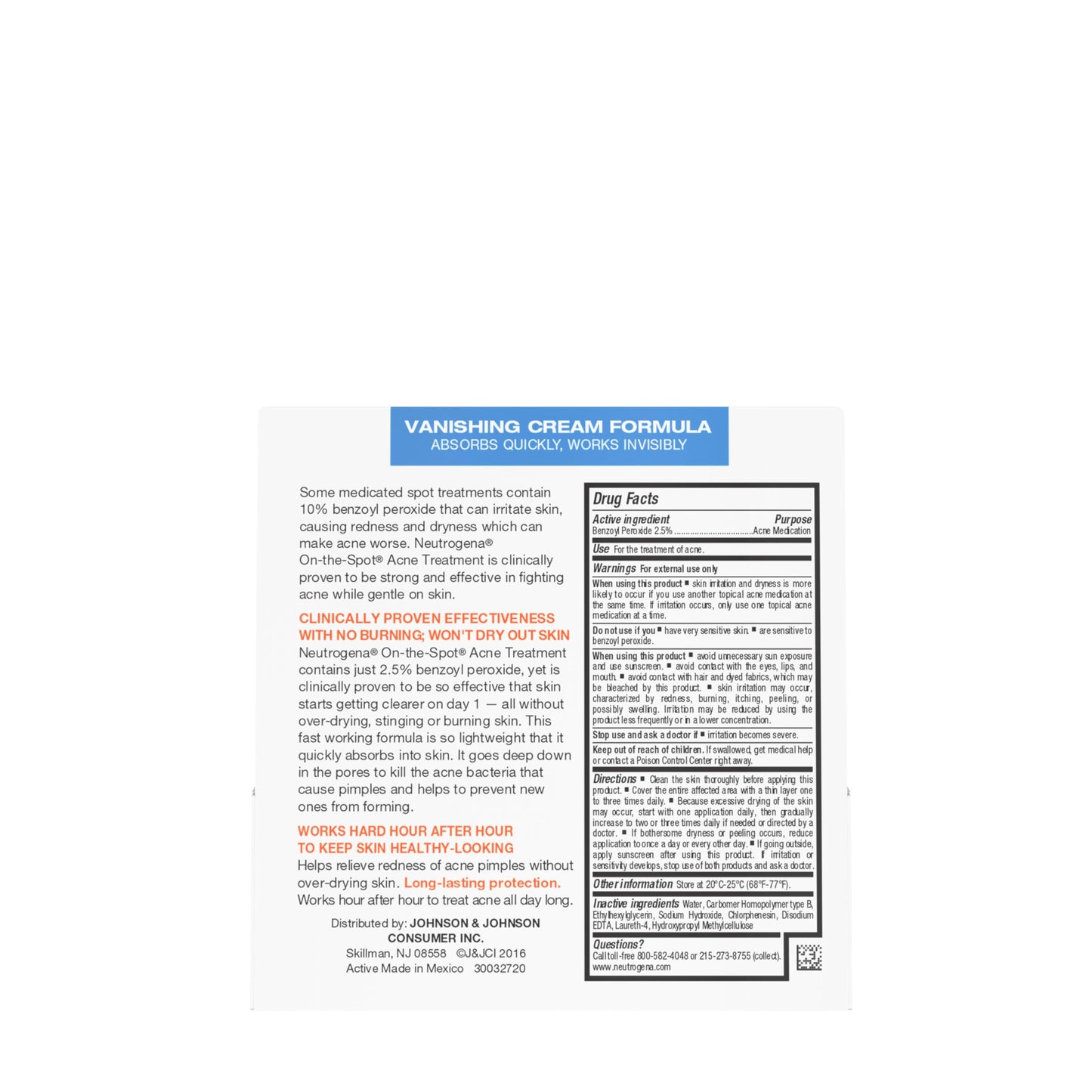 Neutrogena On-The-Spot Acne Spot Treatment Cream with 2.5% Benzoyl Peroxide, Gentle Face Blemish Medicine for Acne-Prone Skin, Vanishing Formula, Clinically Proven Day-1 Results, 0.75-Ounce Tube