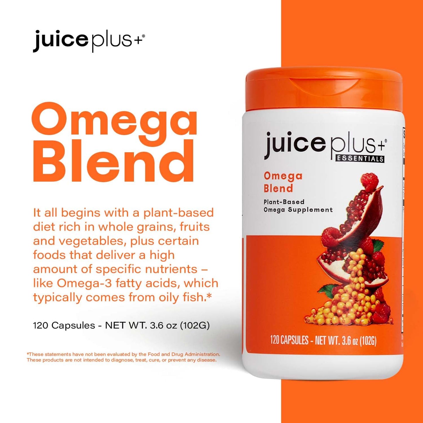 Juice Plus+ Omega Blend - Vegan, Fish-Less, No Aftertaste - Omega 3, 5, 6, 7 & 9 Fatty Acids from Algae & Seeds - DHA, ALA & EPA for Brain & Vision - 120 Capsules