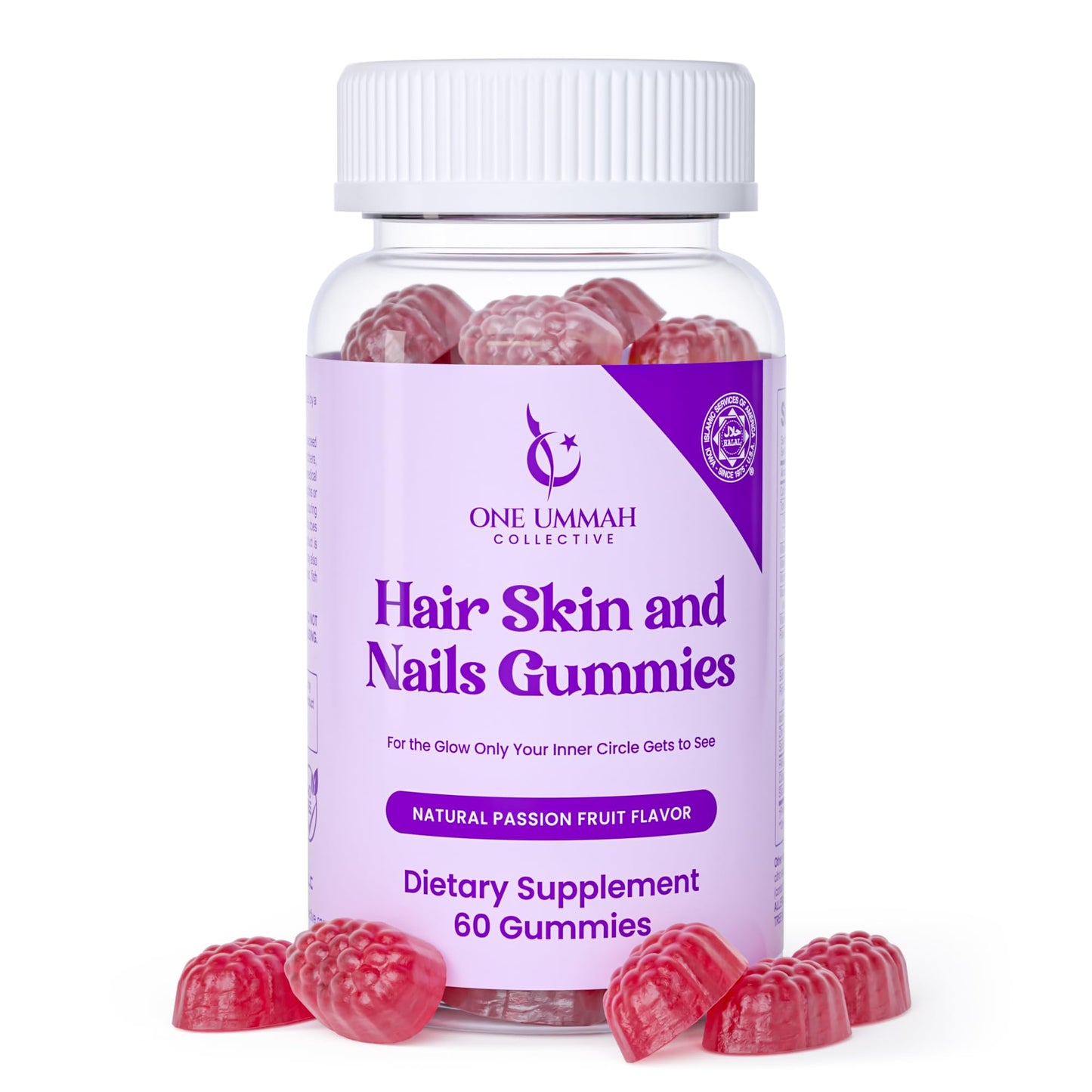 Halal Certified Hair, Skin, & Nails Gummies - Packed with Biotin, Collagen, Folate, & Essential Beauty Vitamins for Strong Hair, Glowing Skin & Healthy Nails - Easy Digestion & High Absorption - 60 ct