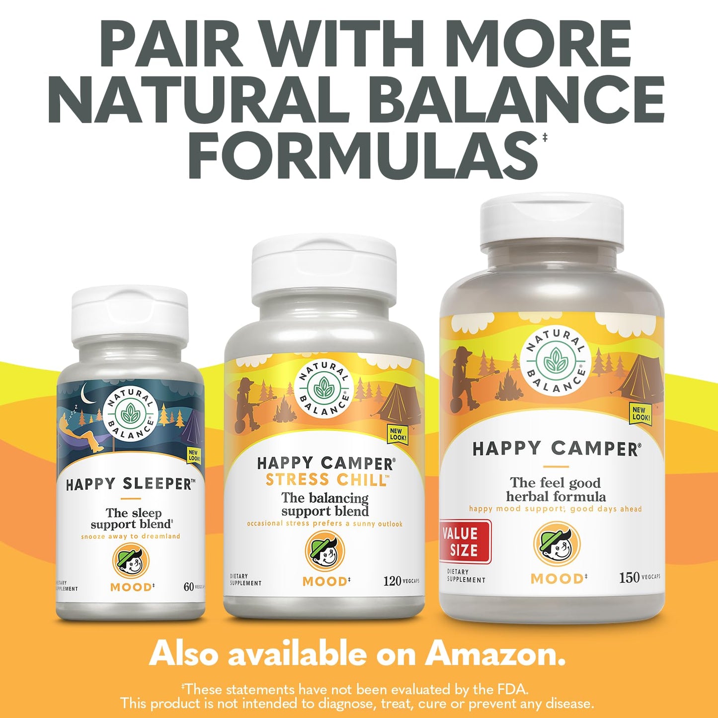 Natural Balance Happy Camper - Feel-Good Mood Support Supplement - Gotu Kola, Passion Flower, and Kava Kava Capsules - 60-Day Guarantee - 75 Servings, 150 VegCaps