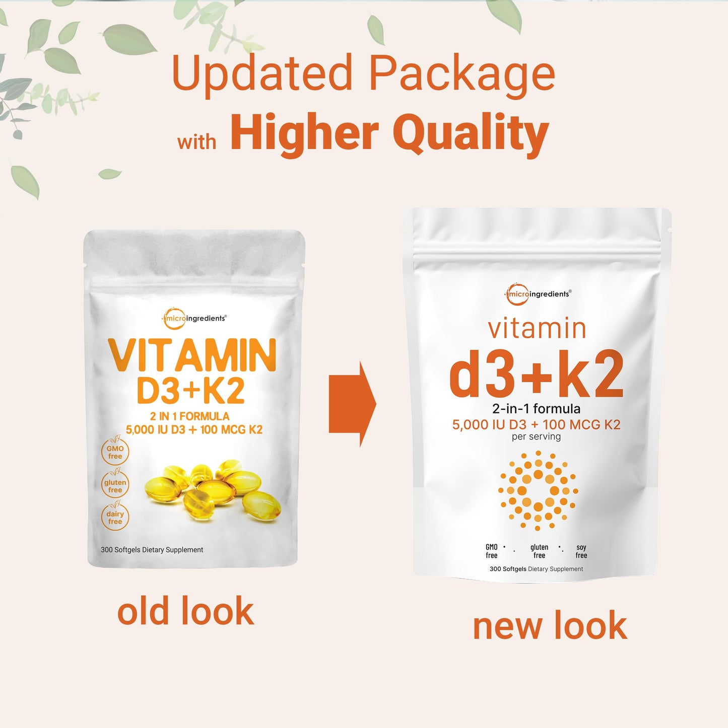 Micro Ingredients Vitamin D3 5000 IU with K2 MK-7 100 mcg, 300 Softgels, 2-in-1 Immune, Heart, Joint, Teeth & Bone Health Support, Easy to Swallow