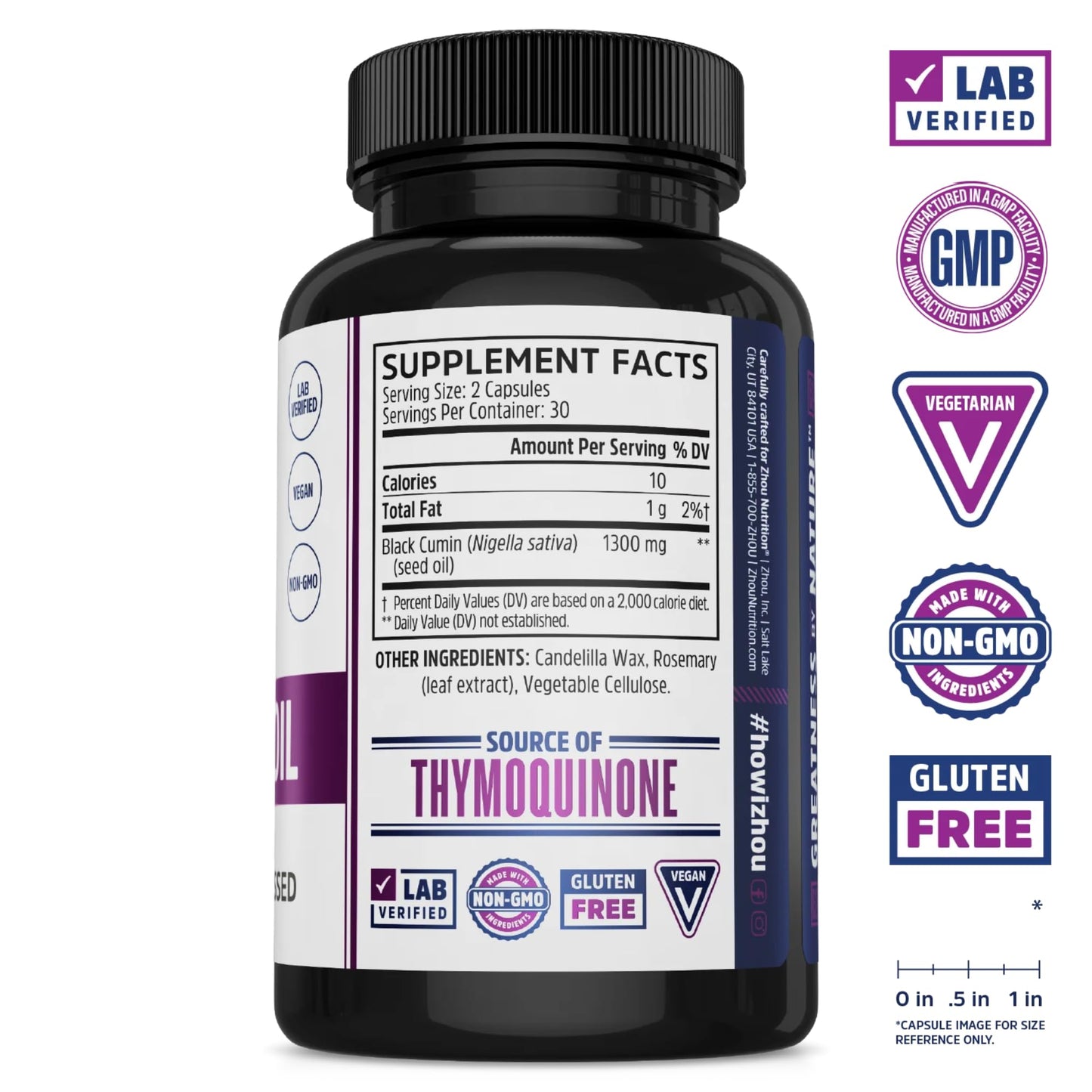 Zhou Black Seed Oil Capsules - Black Cumin Seed Oil Cold Pressed, Nigella Sativa, Pure Unrefined Blackseed, Premium Supplement for Health, Hair & Skin w/ Thymoquinone - 60 Capsules (Pack of 1)