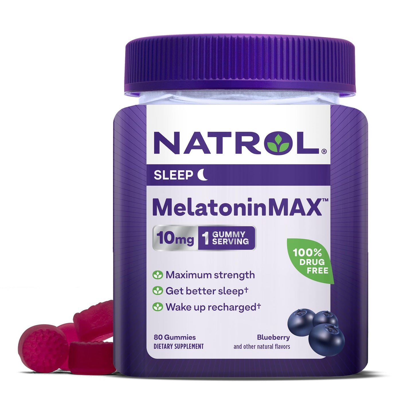 Natrol Melatonin 10mg Sleep Aid Supplement, 80 Count MelatoninMax Gummies, Blueberry Flavor, 10 mg Melatonin Gummies for Occasional Sleeplessness, 80 Day Supply
