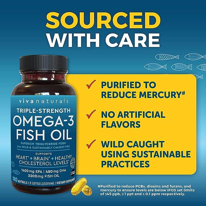 Viva Naturals Triple Strength Omega 3 Fish Oil Supplement - 2200 mg Wild Caught and Sustainably Sourced Fish Oil Vitamins with Omega 3 Fatty Acids Including EPA DHA, No Fish Burps, 180 Softgels