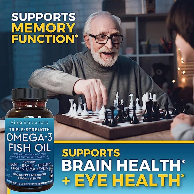 Viva Naturals Triple Strength Omega 3 Fish Oil Supplement - 2200 mg Wild Caught and Sustainably Sourced Fish Oil Vitamins with Omega 3 Fatty Acids Including EPA DHA, No Fish Burps, 180 Softgels