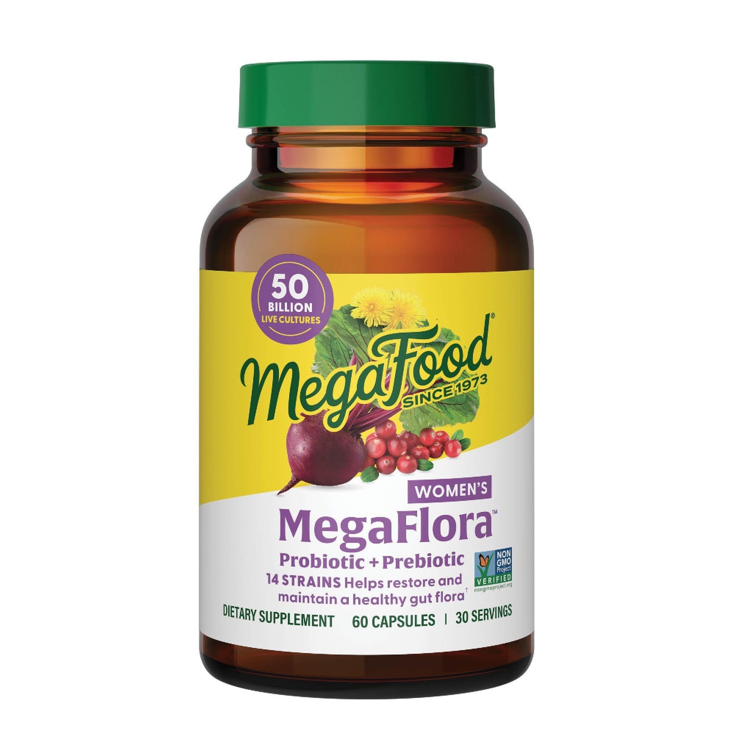 MegaFood MegaFlora Probiotics for Women + Prebiotics and Probiotics with 14 Strains & 50 Billion CFUs, with Cranberry for Women Digestive Health, Vegetarian - 60 Capsules (30 Servings)